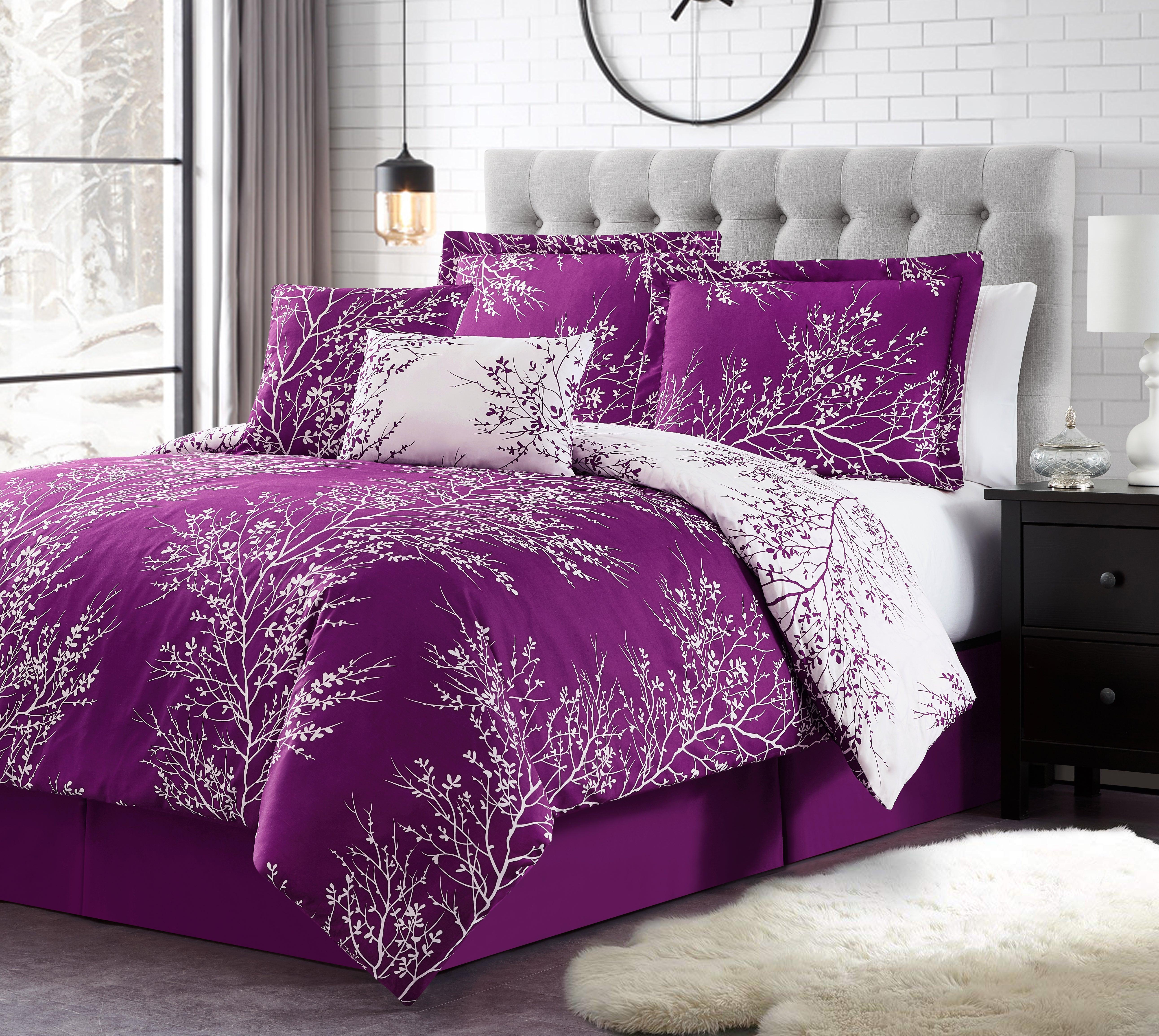 Foliage Reversible Comforter Set + Two Free Sham Pillows - Spirit Linen - Purple