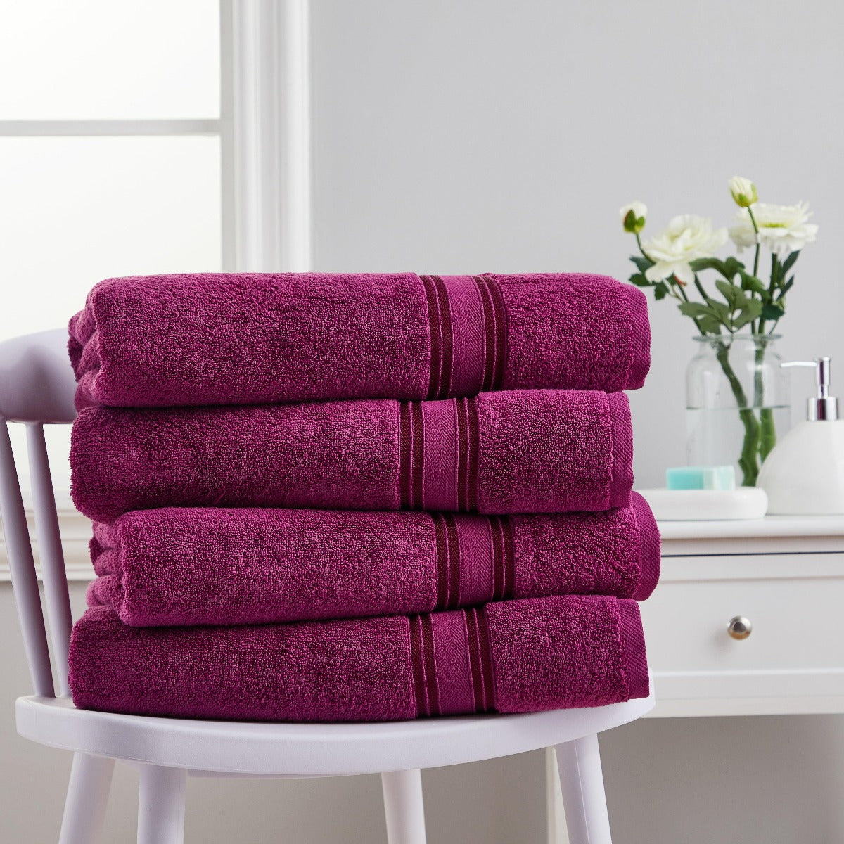 4 Piece Cotton Bath Towels Set | Spirit Linen - Raspberry