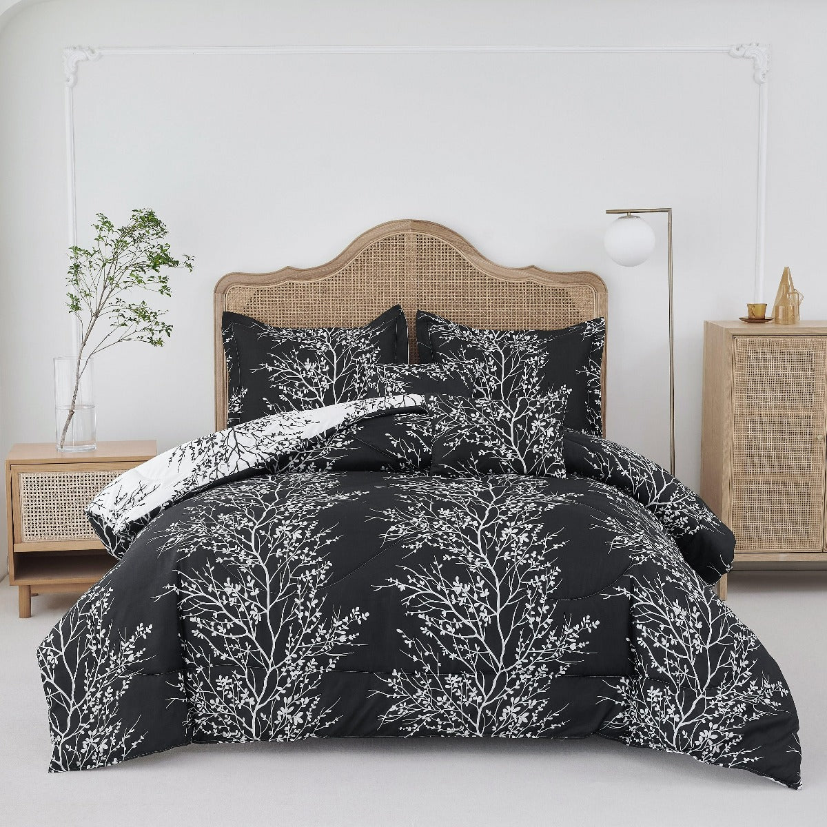 Foliage Reversible Comforter Set + Two Free Sham Pillows - Spirit Linen - Black