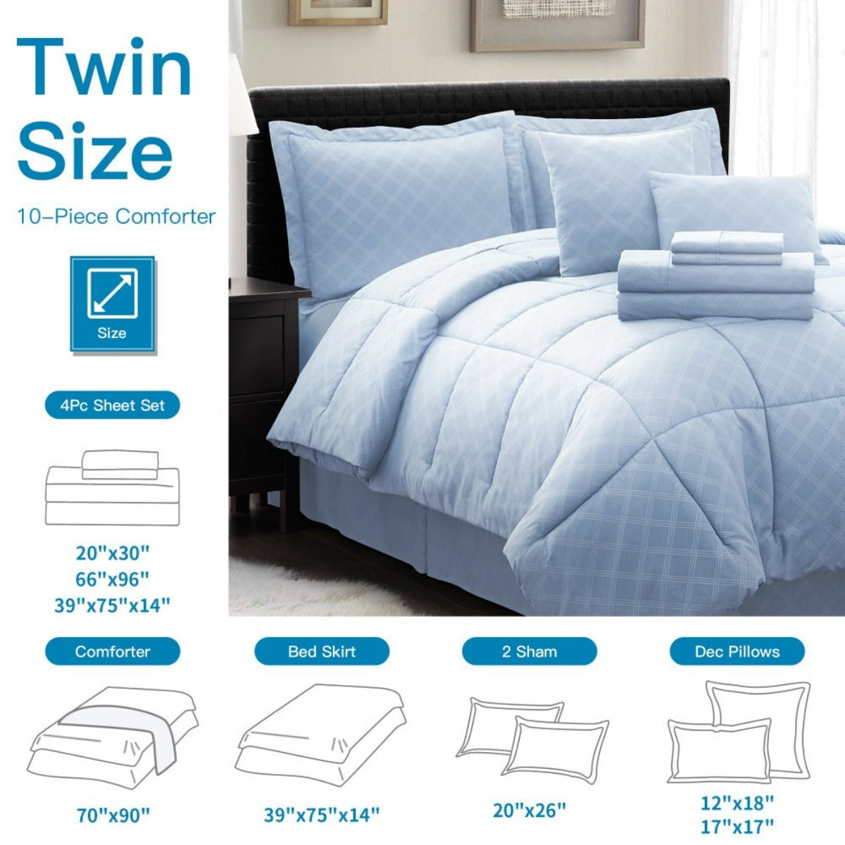 10PC Collection Bed In A Bag Comforter Set Piece HotelC | Spirit Linen - Light Blue