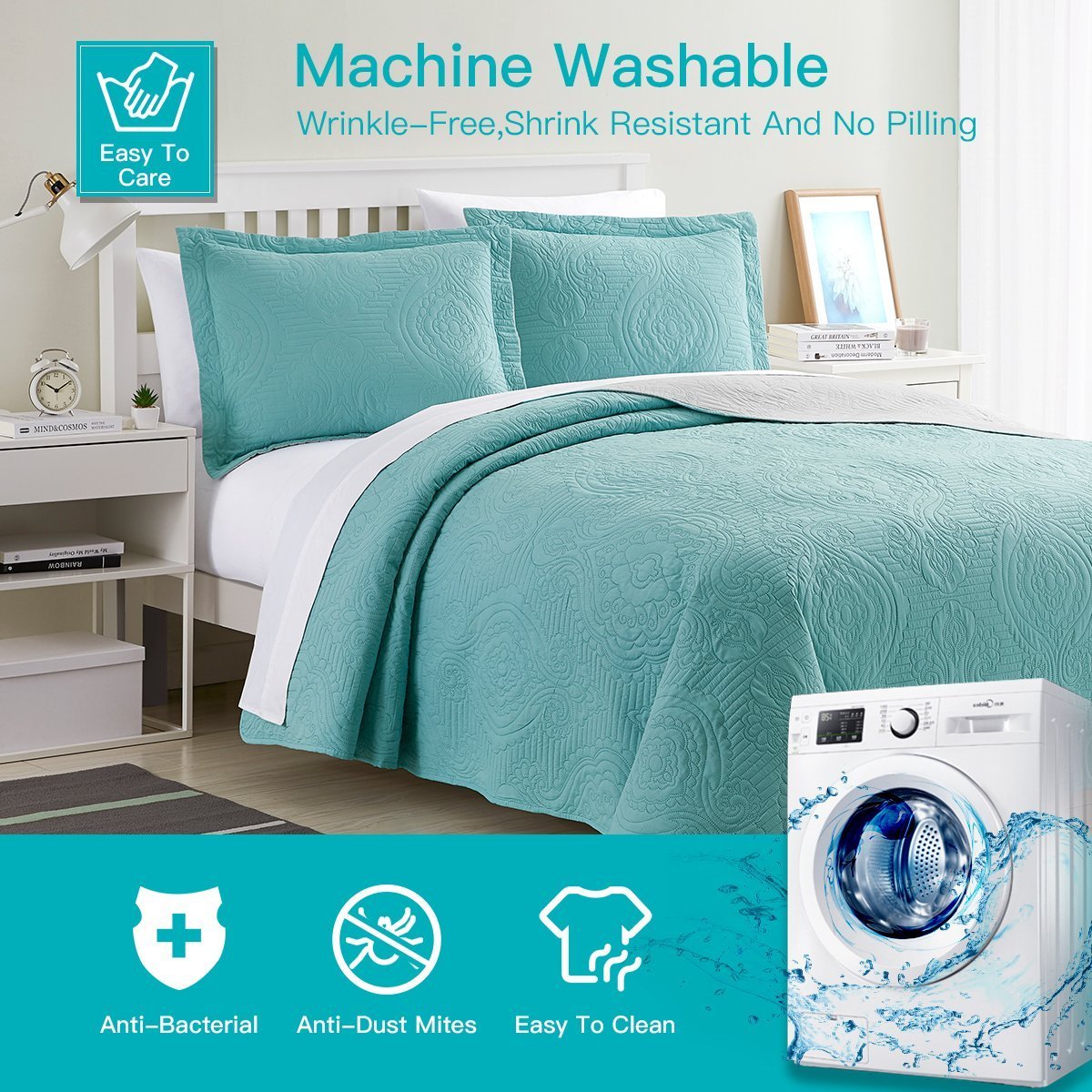Madison Quilt Reversible Collection + Two Free Sham Pillows | Spirit Linen - Aqua