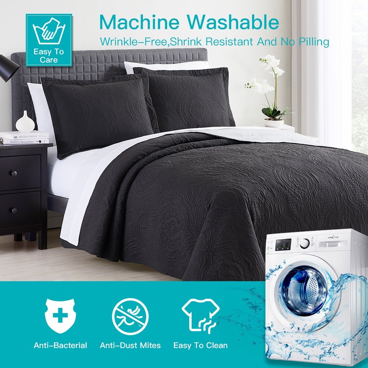 Madison Quilt Reversible Collection + Two Free Sham Pillows | Spirit Linen - Black