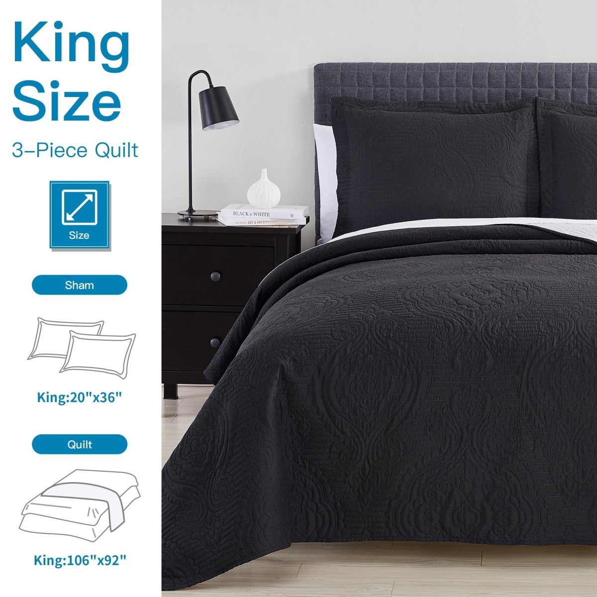 Madison Quilt Reversible Collection + Two Free Sham Pillows | Spirit Linen - Black