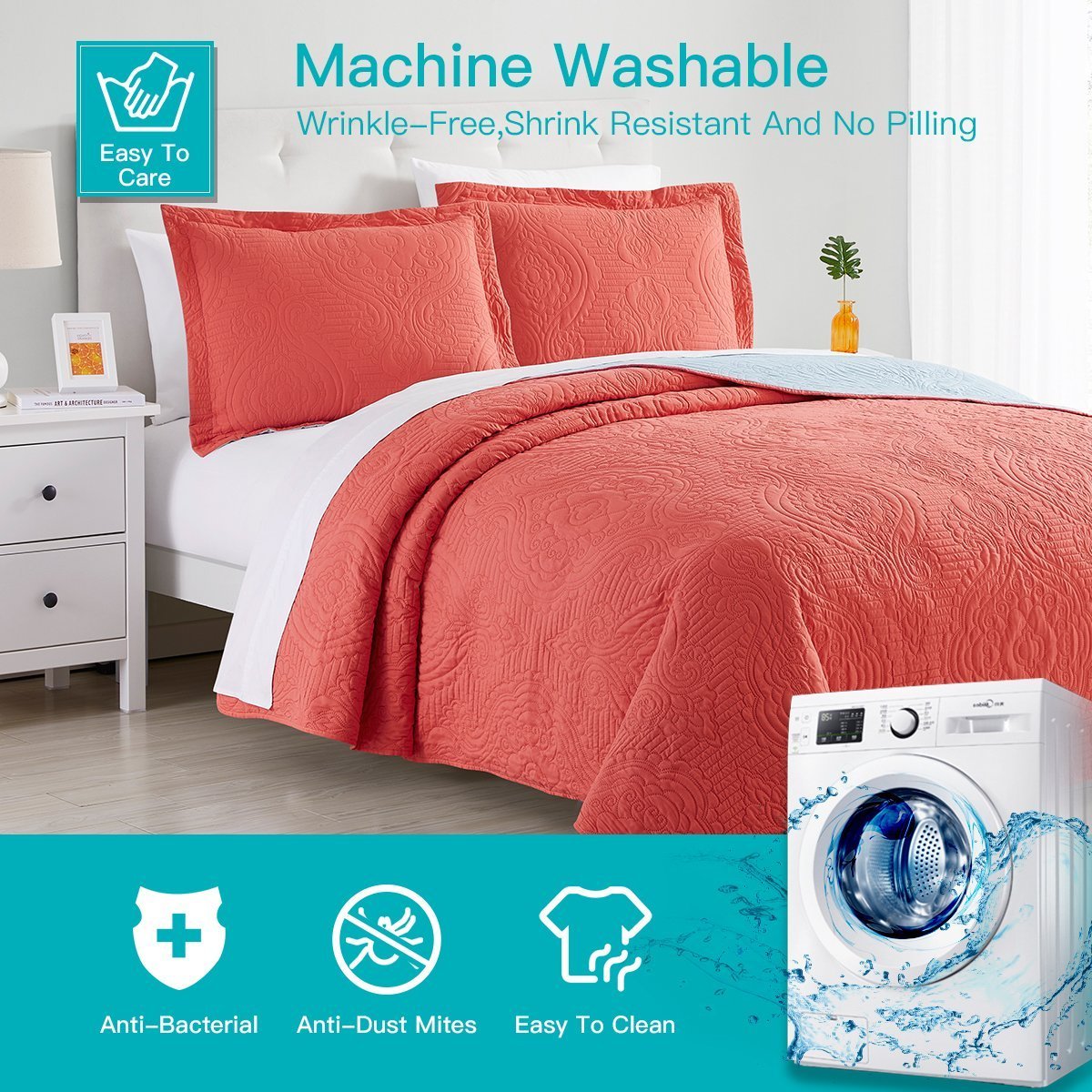 Madison Quilt Reversible Collection + Two Free Sham Pillows | Spirit Linen - Coral