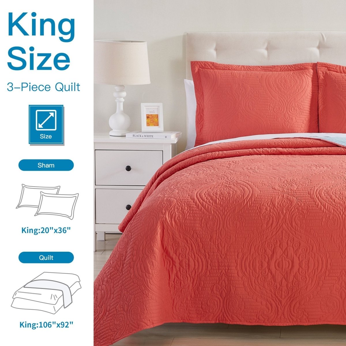 Madison Quilt Reversible Collection + Two Free Sham Pillows | Spirit Linen - Coral