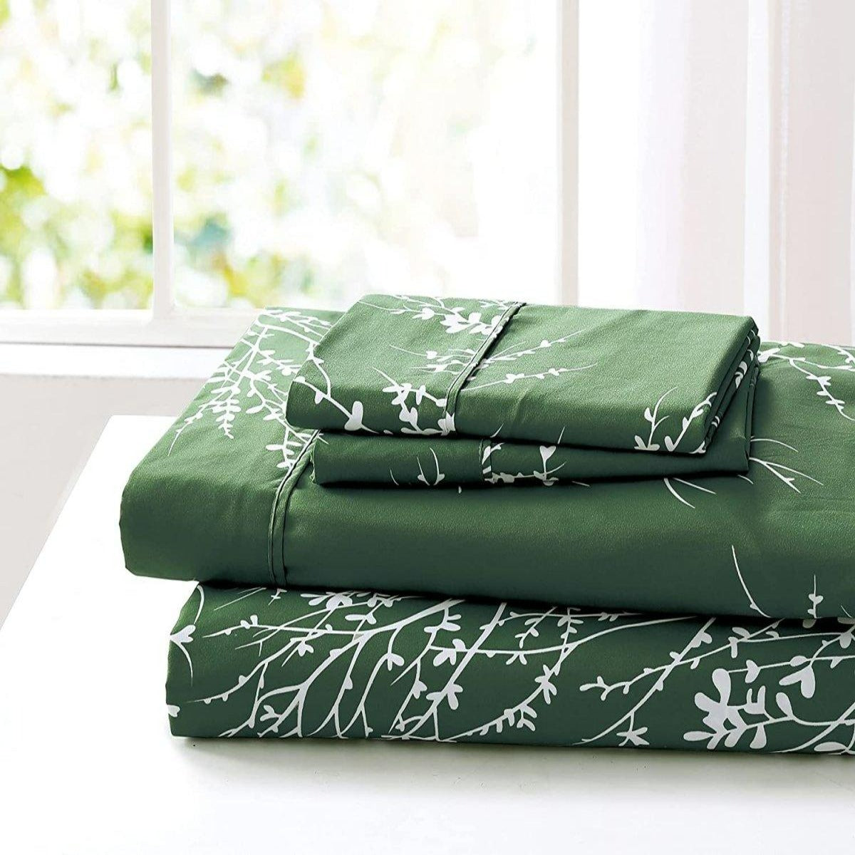 Foliage Sheet Set Microfiber 90GSM | Spirit Linen - Hunter/White