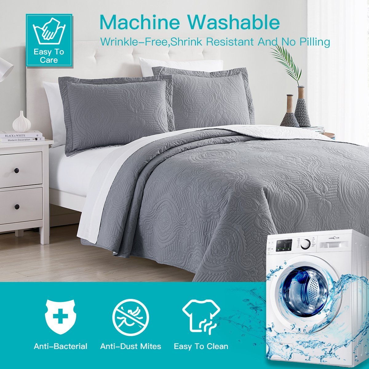 Madison Quilt Reversible Collection + Two Free Sham Pillows | Spirit Linen - Grey
