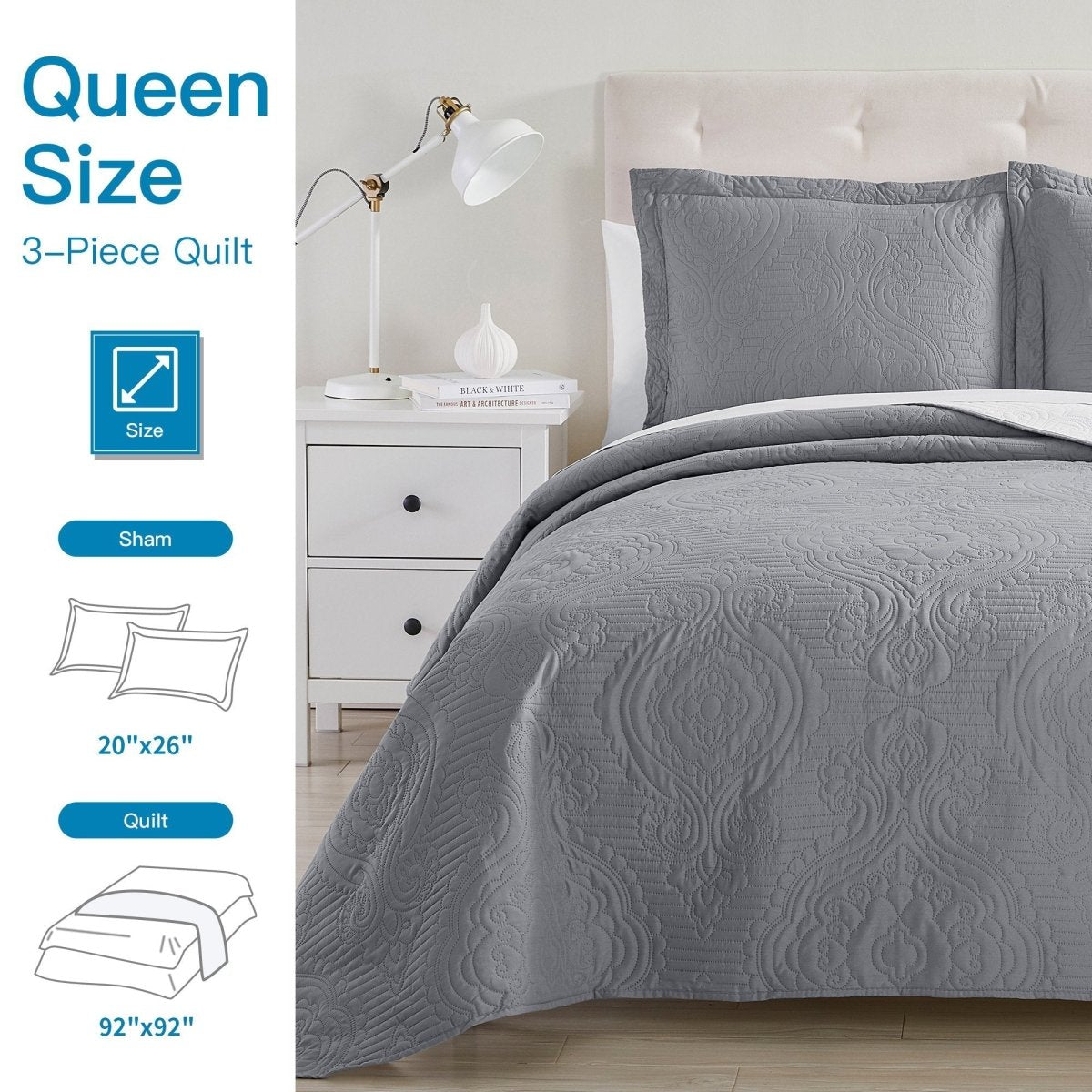 Madison Quilt Reversible Collection + Two Free Sham Pillows | Spirit Linen - Grey