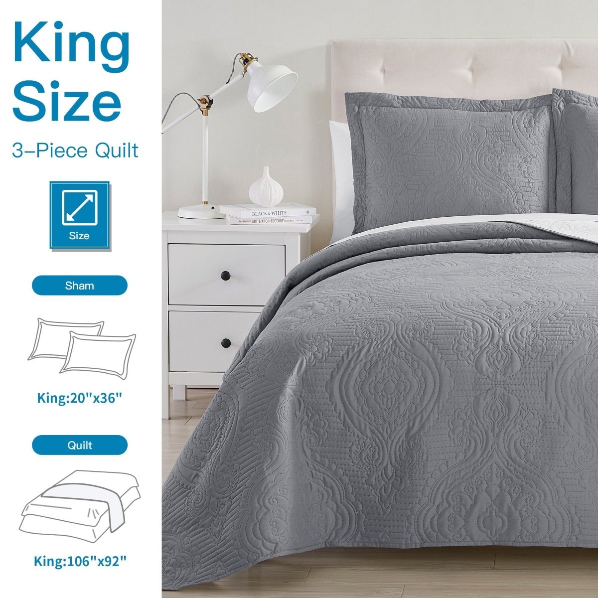 Madison Quilt Reversible Collection + Two Free Sham Pillows | Spirit Linen - Grey