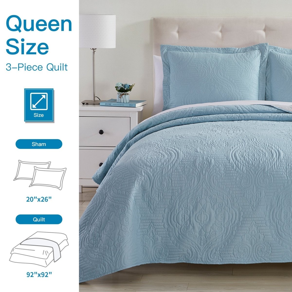 Madison Quilt Reversible Collection + Two Free Sham Pillows | Spirit Linen - Light Blue