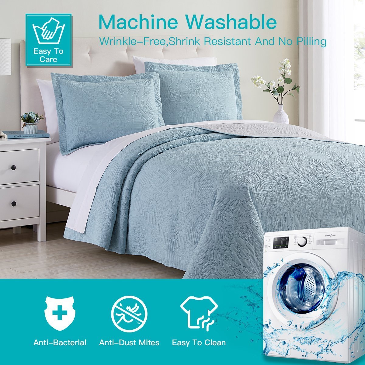 Madison Quilt Reversible Collection + Two Free Sham Pillows | Spirit Linen - Light Blue