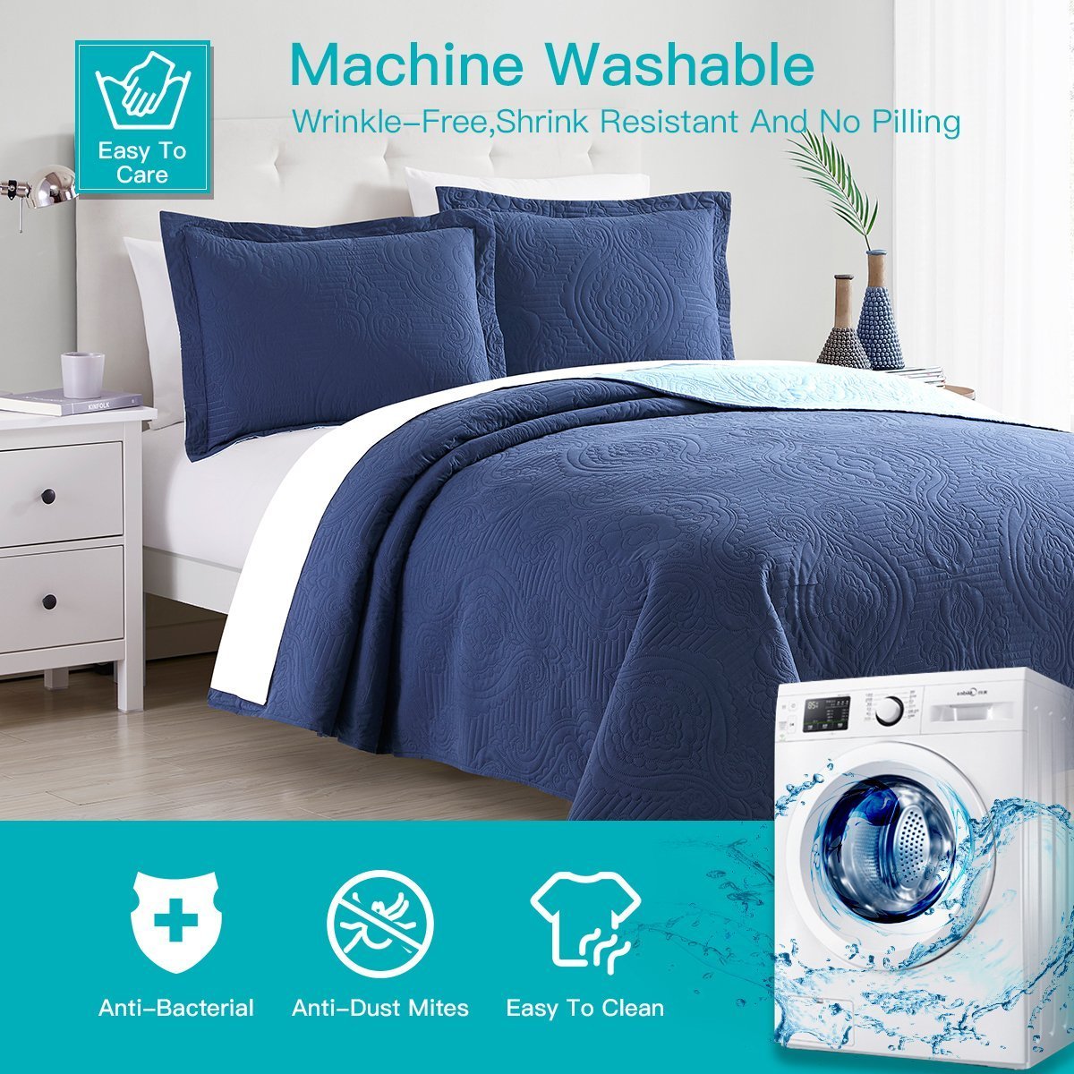 Madison Quilt Reversible Collection + Two Free Sham Pillows | Spirit Linen - Navy Blue