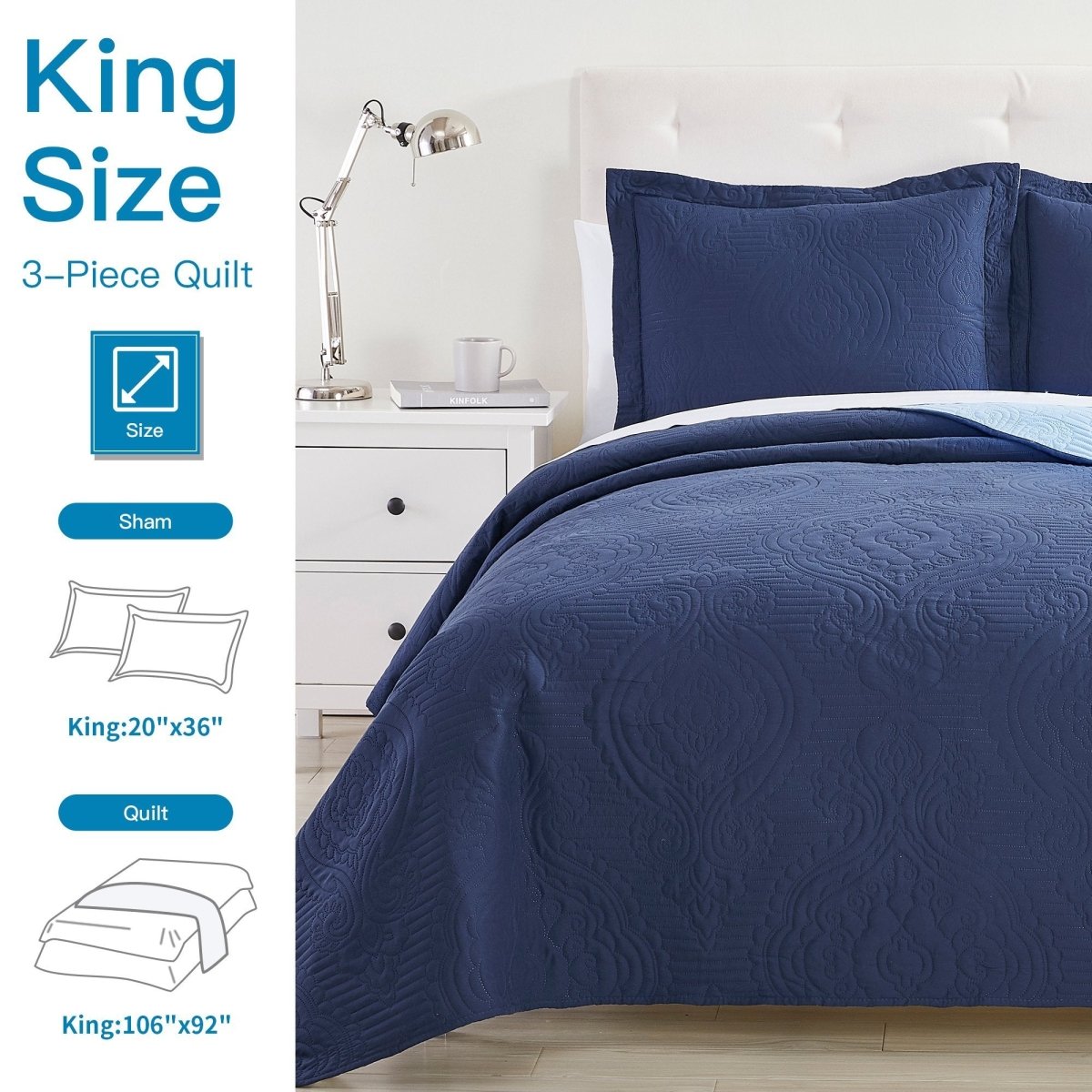 Madison Quilt Reversible Collection + Two Free Sham Pillows | Spirit Linen - Navy Blue