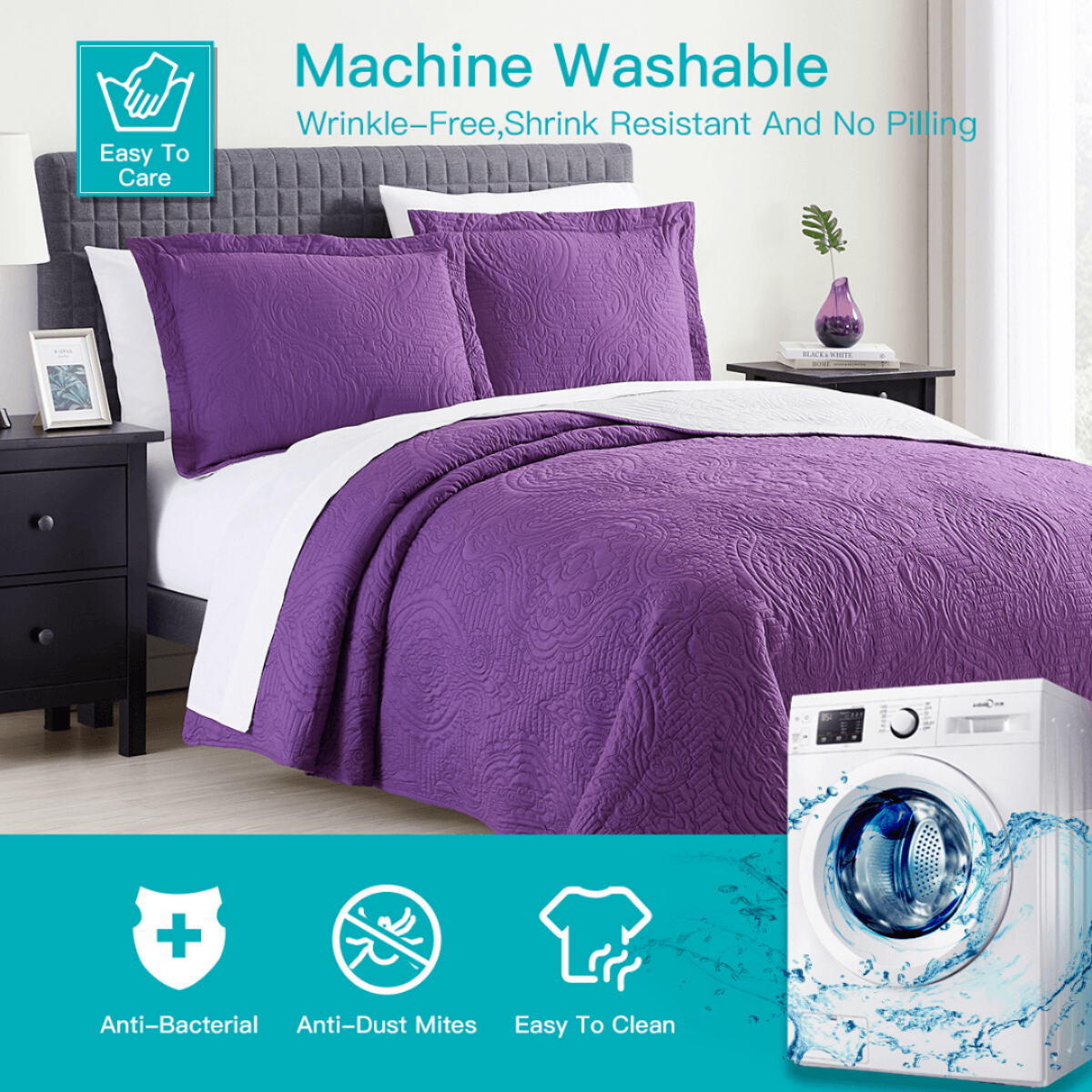 Madison Quilt Reversible Collection + Two Free Sham Pillows | Spirit Linen - Purple
