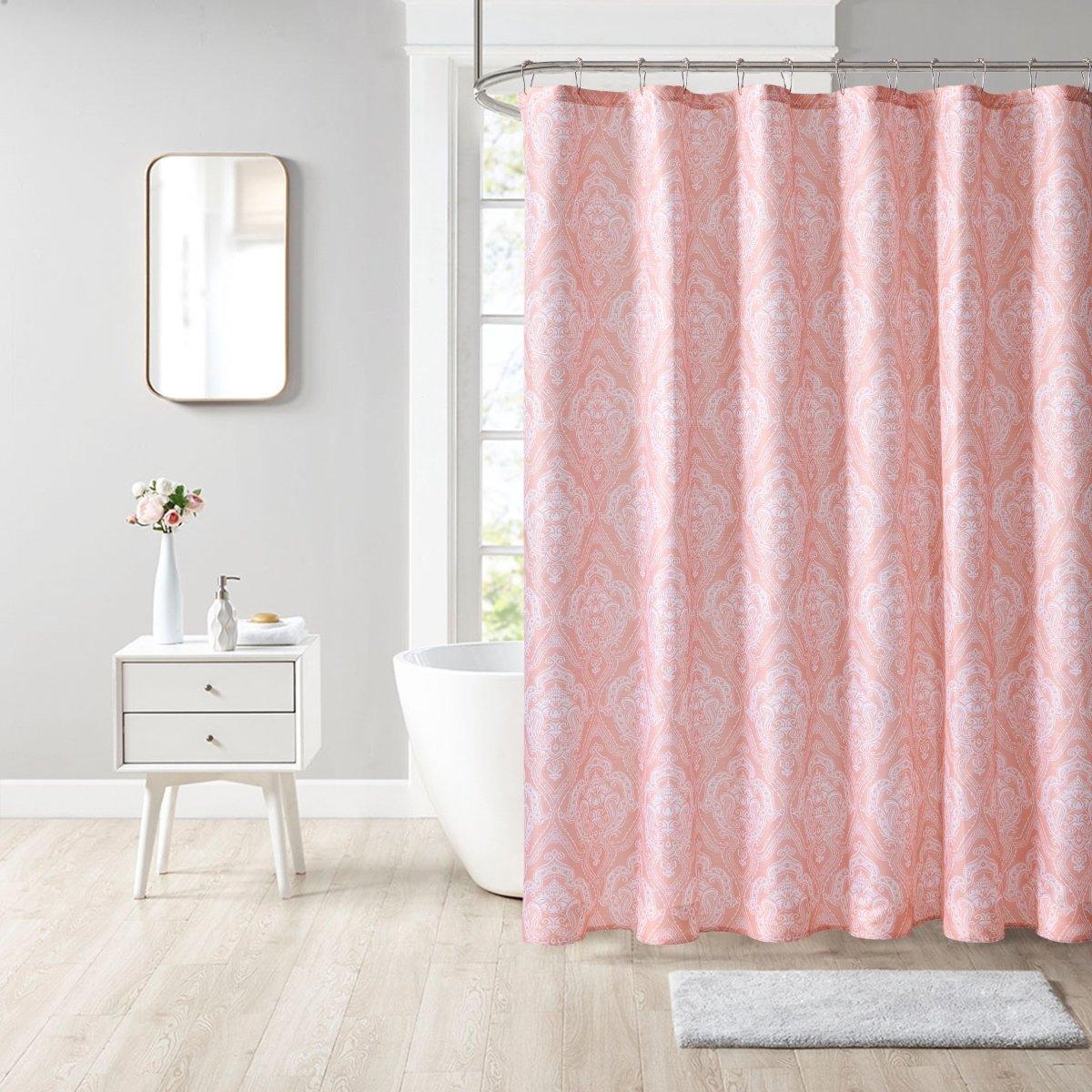 13pc Hooks Polyester Shower Curtain Set - Spirit Linen| Pink Damask
