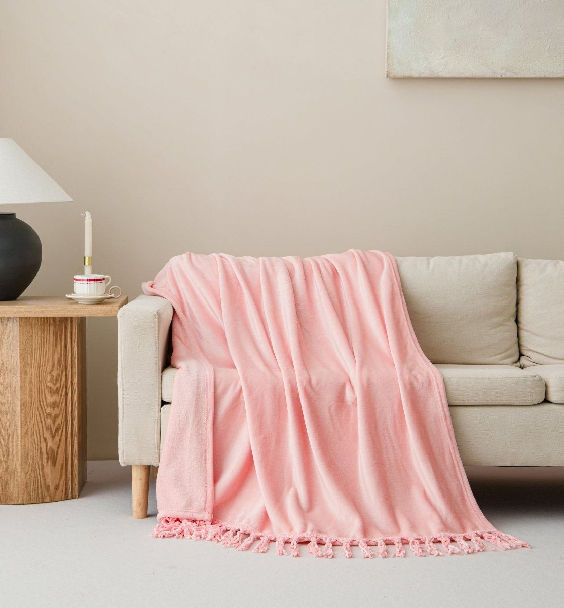 50x70 Tassel Flannel Throw Bellyband - Spirit Linen | Pink