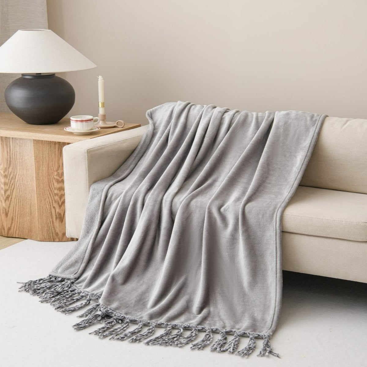 50x70 Tassel Flannel Throw Bellyband - Spirit Linen | Gray