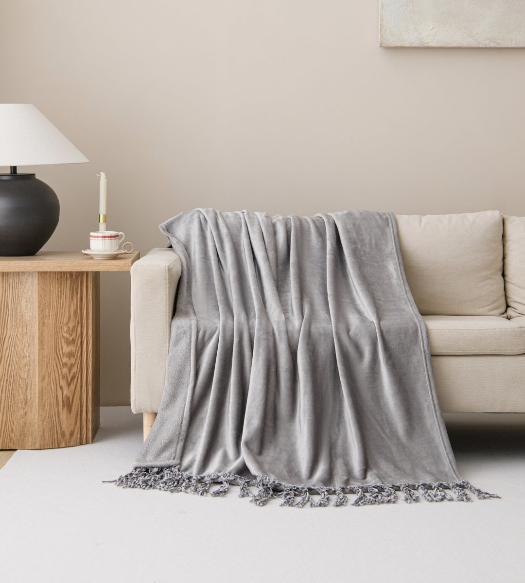 50x70 Tassel Flannel Throw Bellyband - Spirit Linen | Gray
