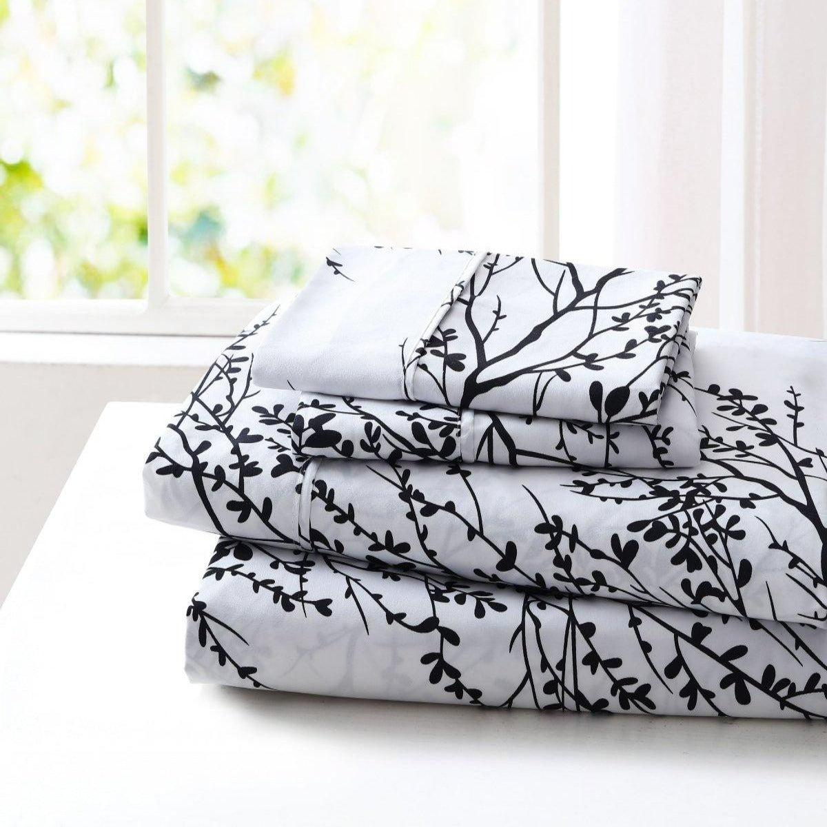 Foliage Sheet 3pc Set Microfiber 90GSM - White/Black - Spirit Linen