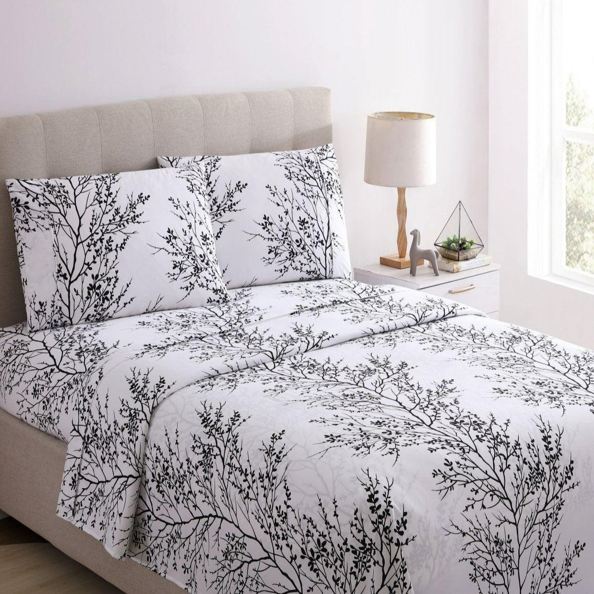 Foliage Sheet 3pc Set Microfiber 90GSM - White/Black - Spirit Linen