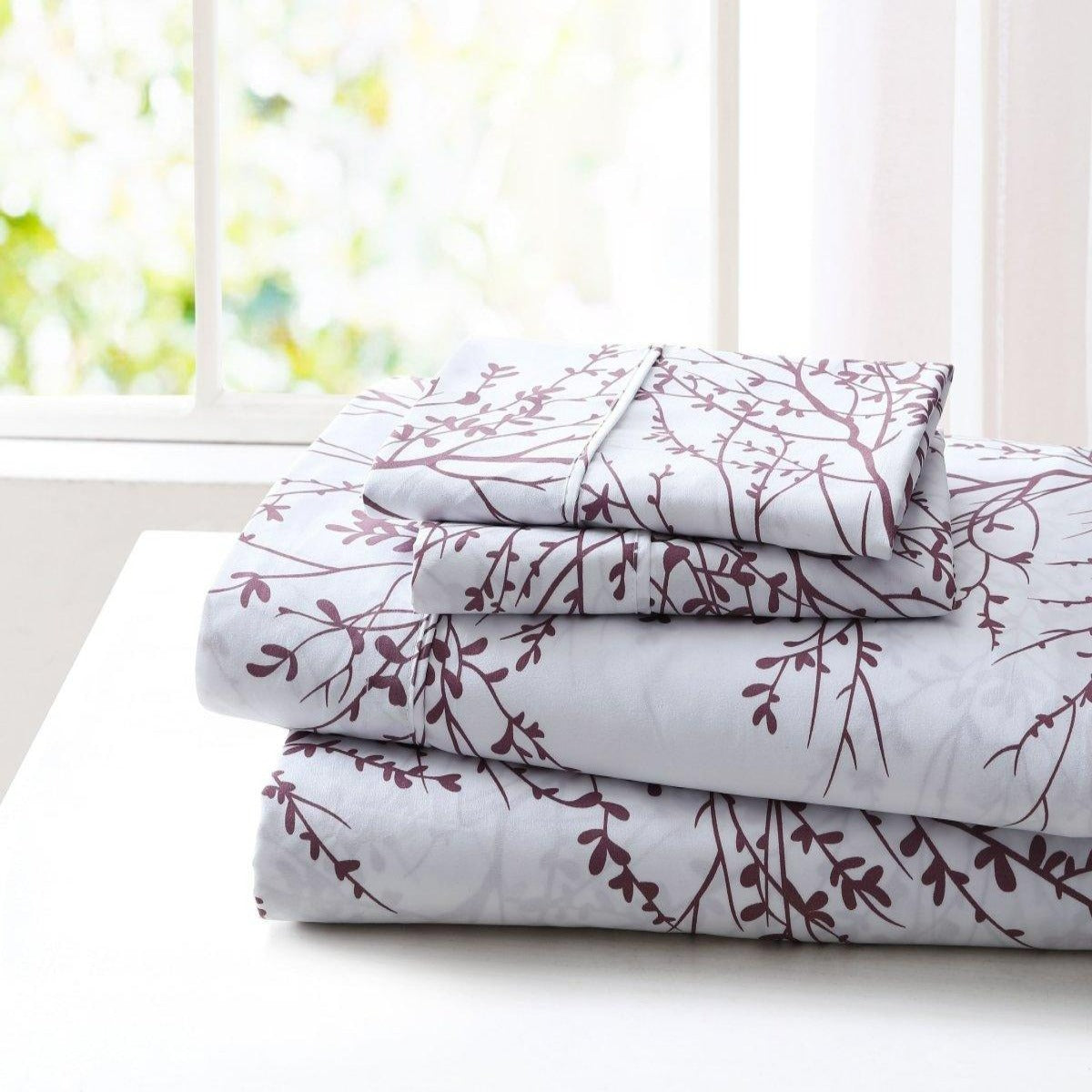 Foliage Sheet 3pc Set Microfiber 90GSM - White/Lilac - Spirit Linen