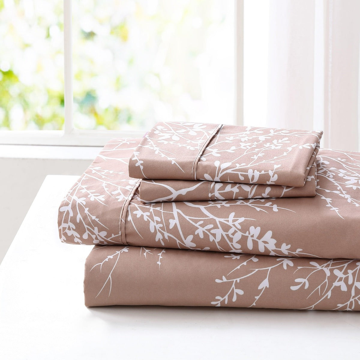 Foliage Sheet Set Microfiber 90GSM | Spirit Linen - Taupe/White