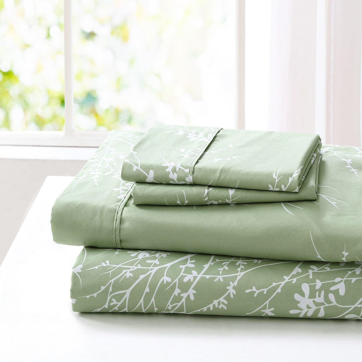 Foliage Sheet Set Microfiber 90GSM | Spirit Linen - Sage/White