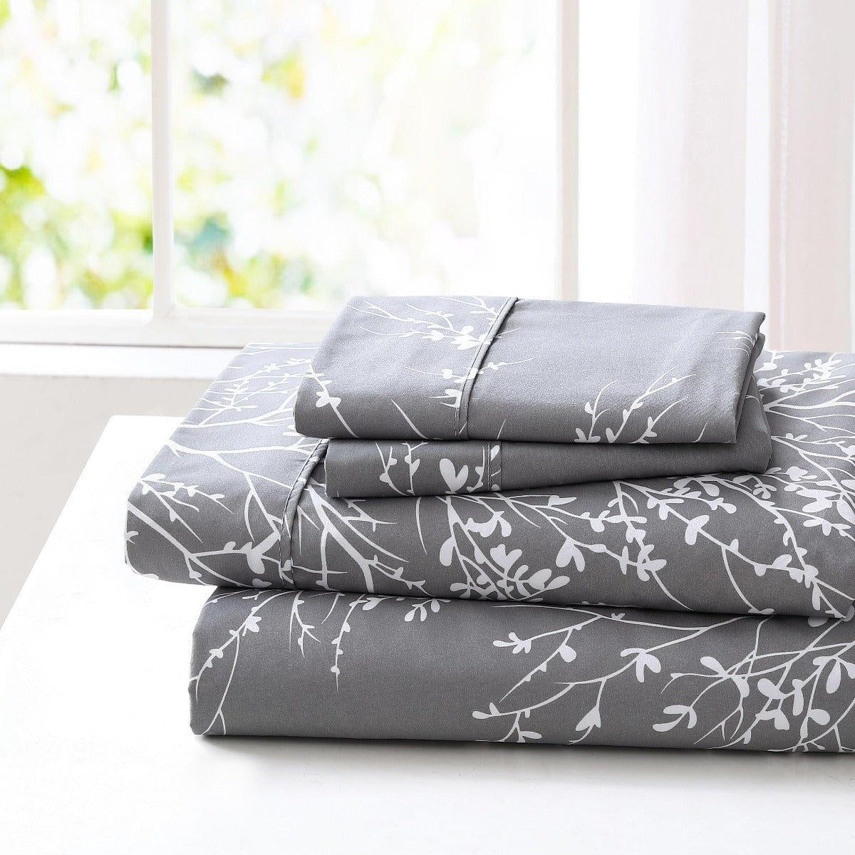 Foliage Sheet Set Microfiber 90GSM | Spirit Linen - Grey/White