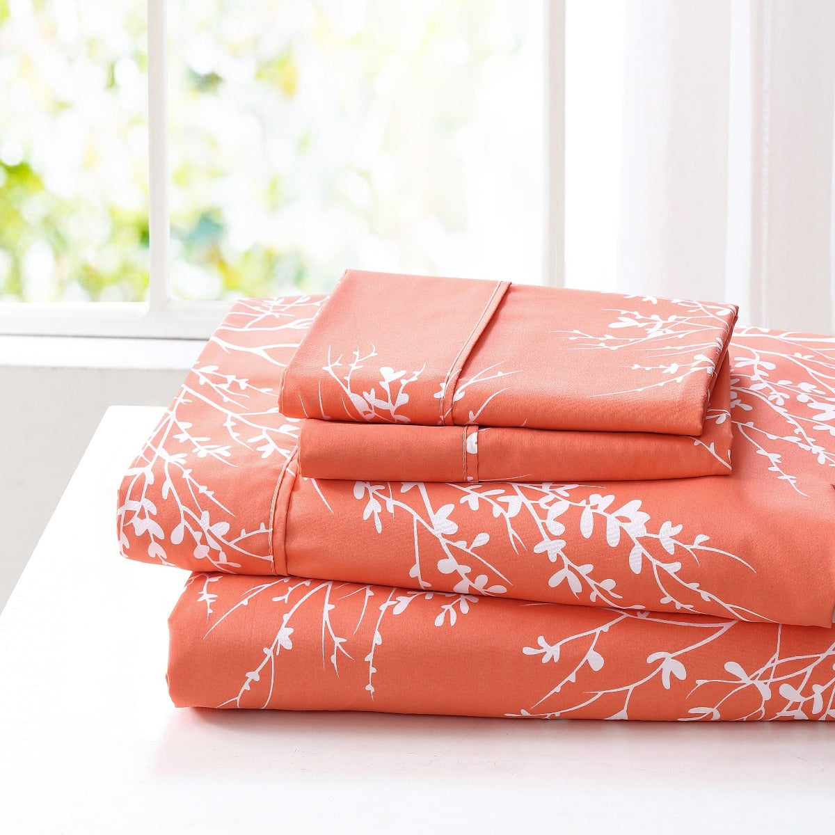 Foliage Sheet Set Microfiber 90GSM | Spirit Linen - Coral/White