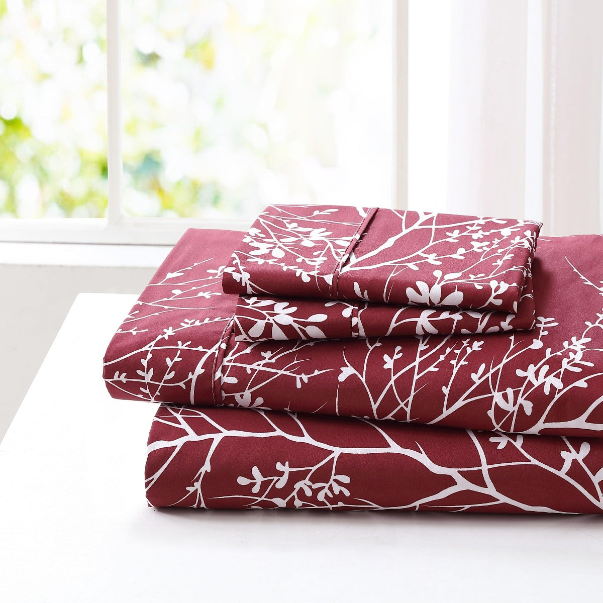 Foliage Sheet Set Microfiber 90GSM | Spirit Linen - Burgundy/White