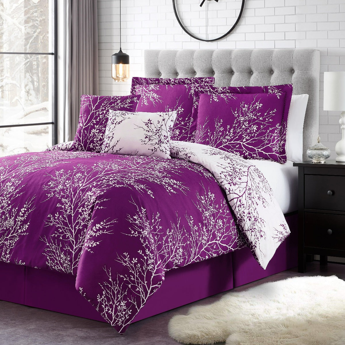 Foliage Reversible Comforter Set + Two Free Sham Pillows - Spirit Linen - Purple