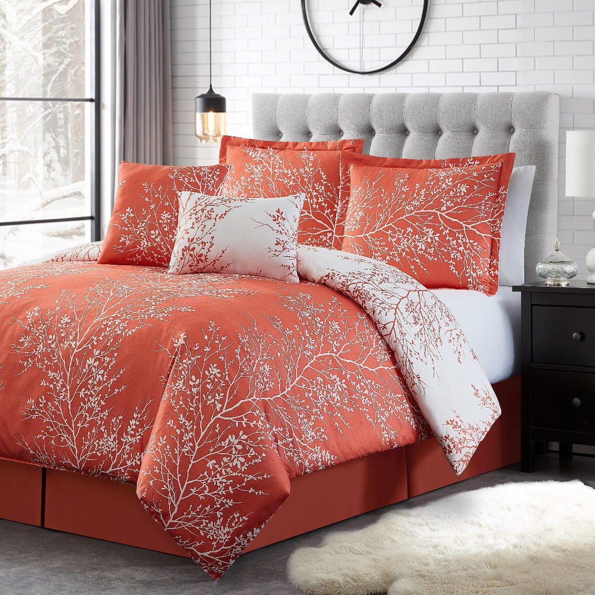 Foliage Reversible Comforter Set + Two Free Sham Pillows - Spirit Linen - Coral