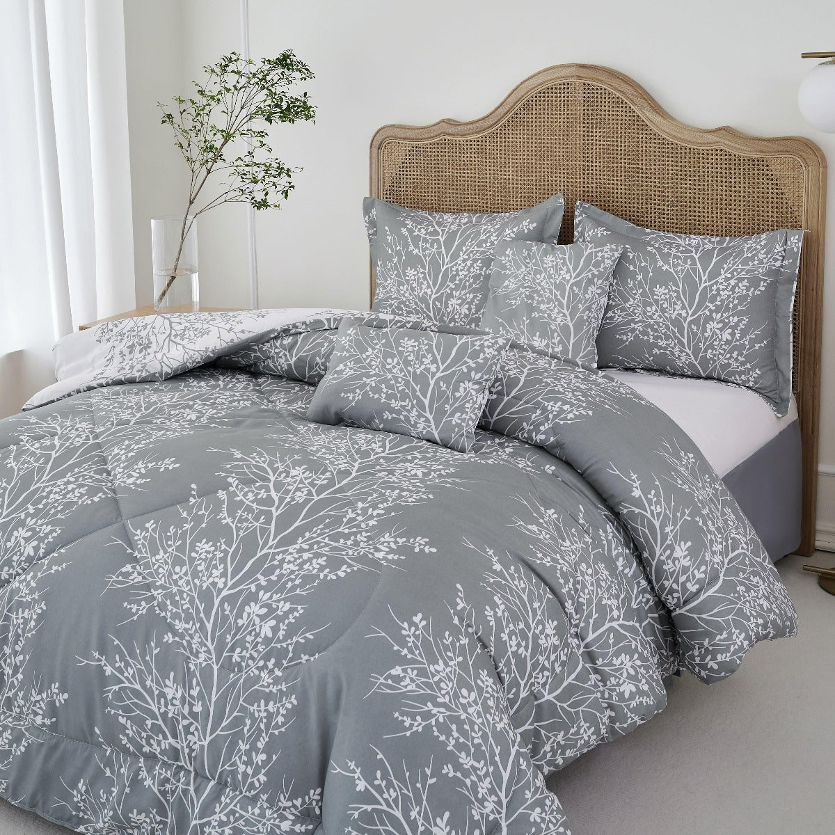 Foliage Reversible Comforter Set + Two Free Sham Pillows - Spirit Linen - Gray