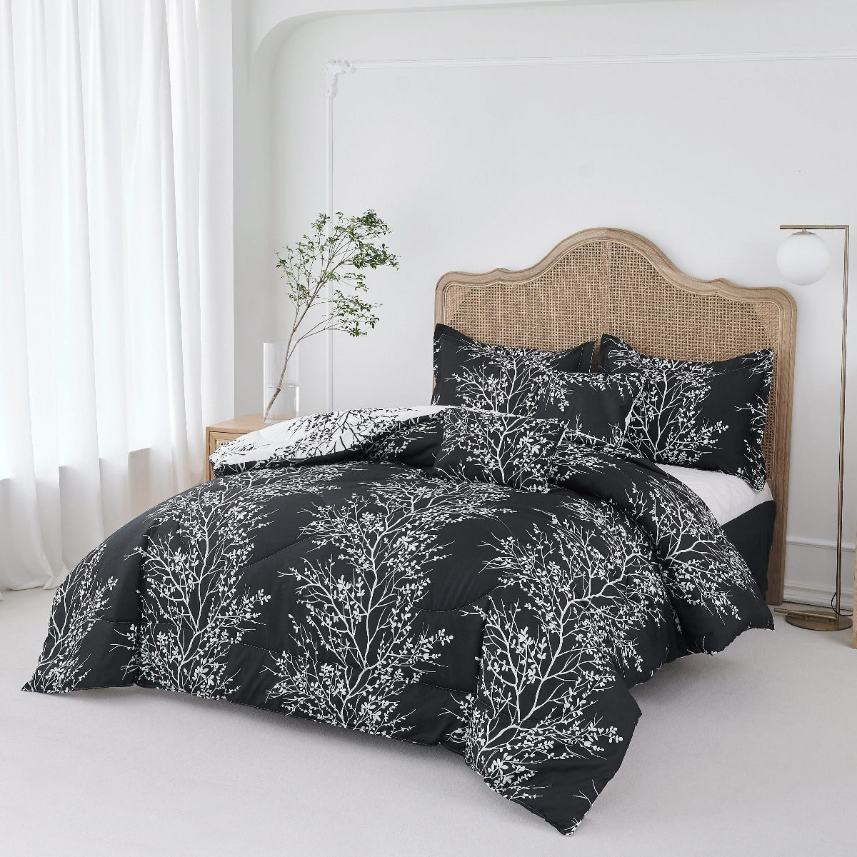 Foliage Reversible Comforter Set + Two Free Sham Pillows - Spirit Linen - Black