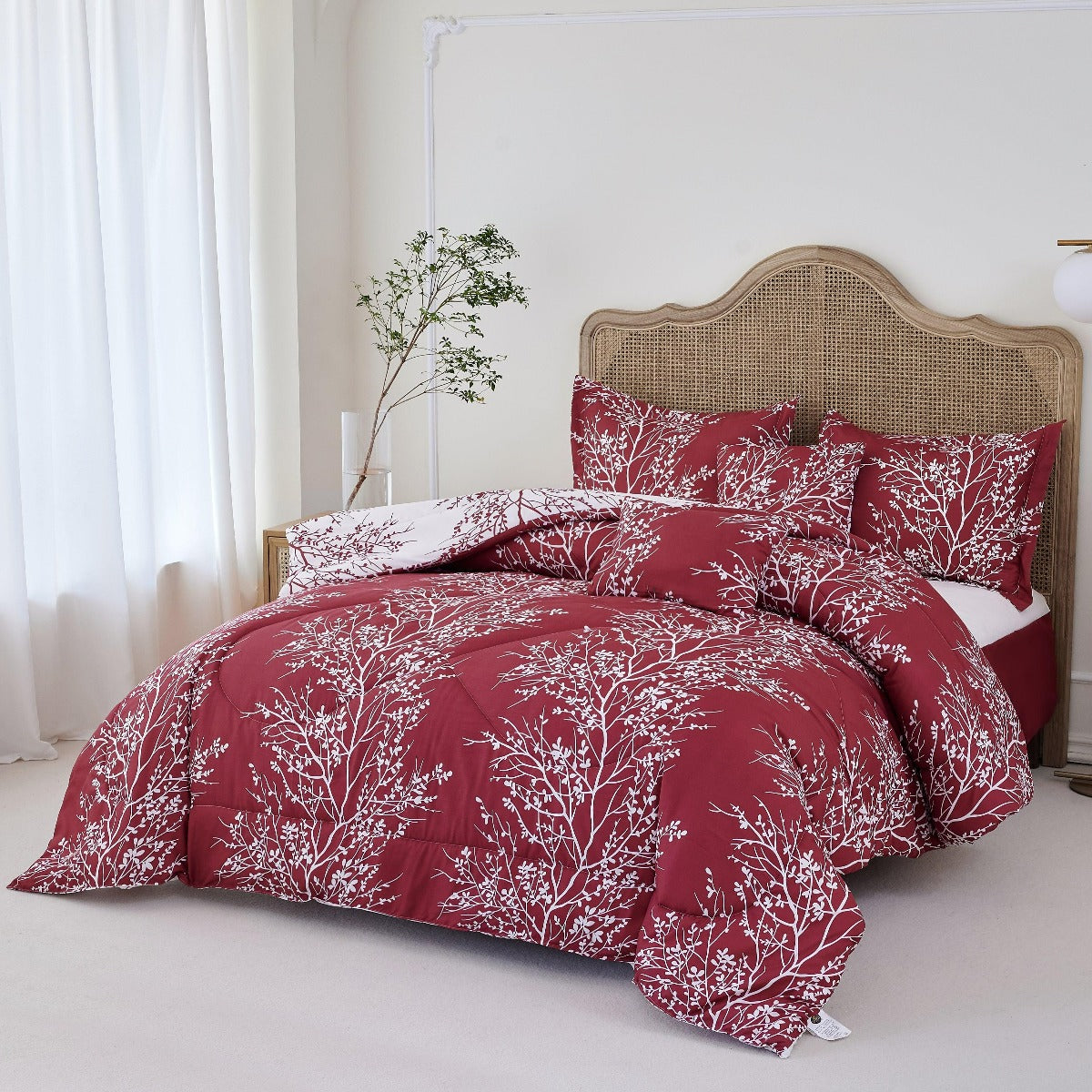 Foliage Reversible Comforter Set + Two Free Sham Pillows - Spirit Linen - Burgundy