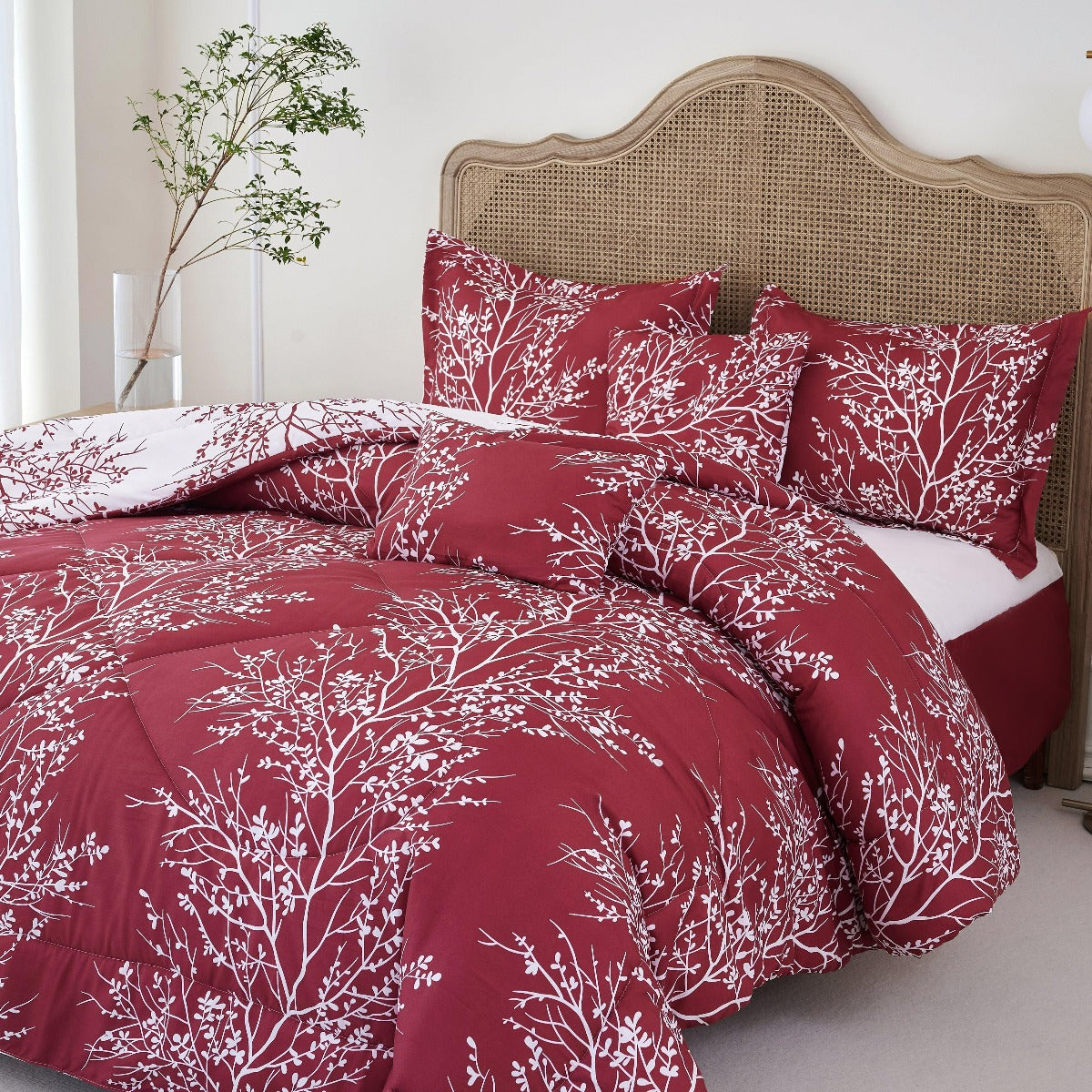 Foliage Reversible Comforter Set + Two Free Sham Pillows - Spirit Linen - Burgundy