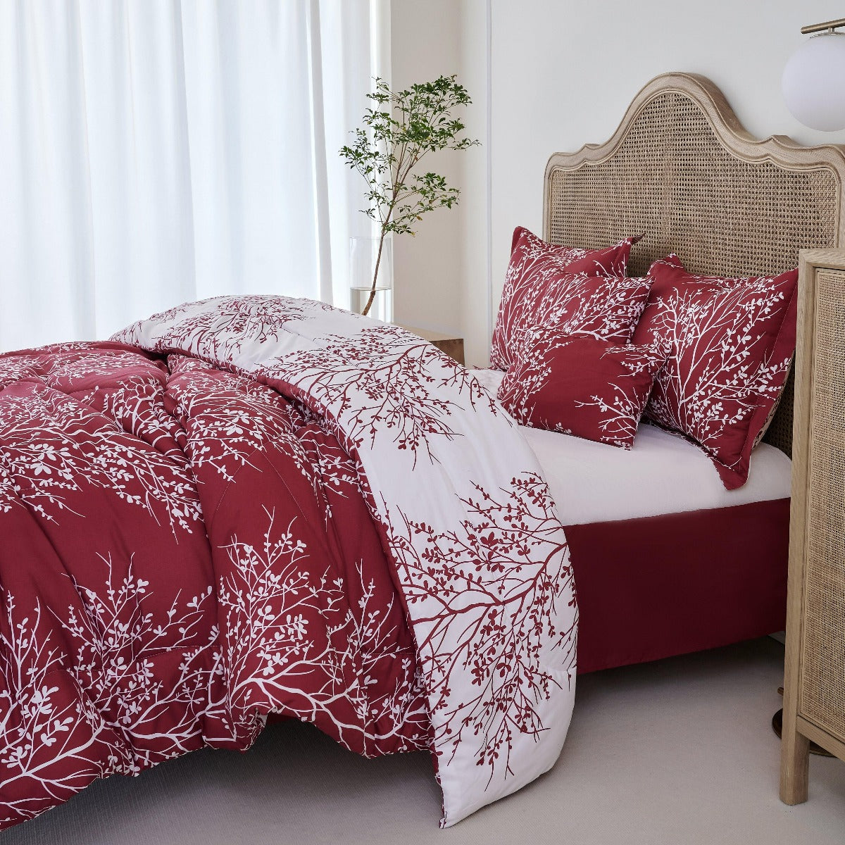 Foliage Reversible Comforter Set + Two Free Sham Pillows - Spirit Linen - Burgundy