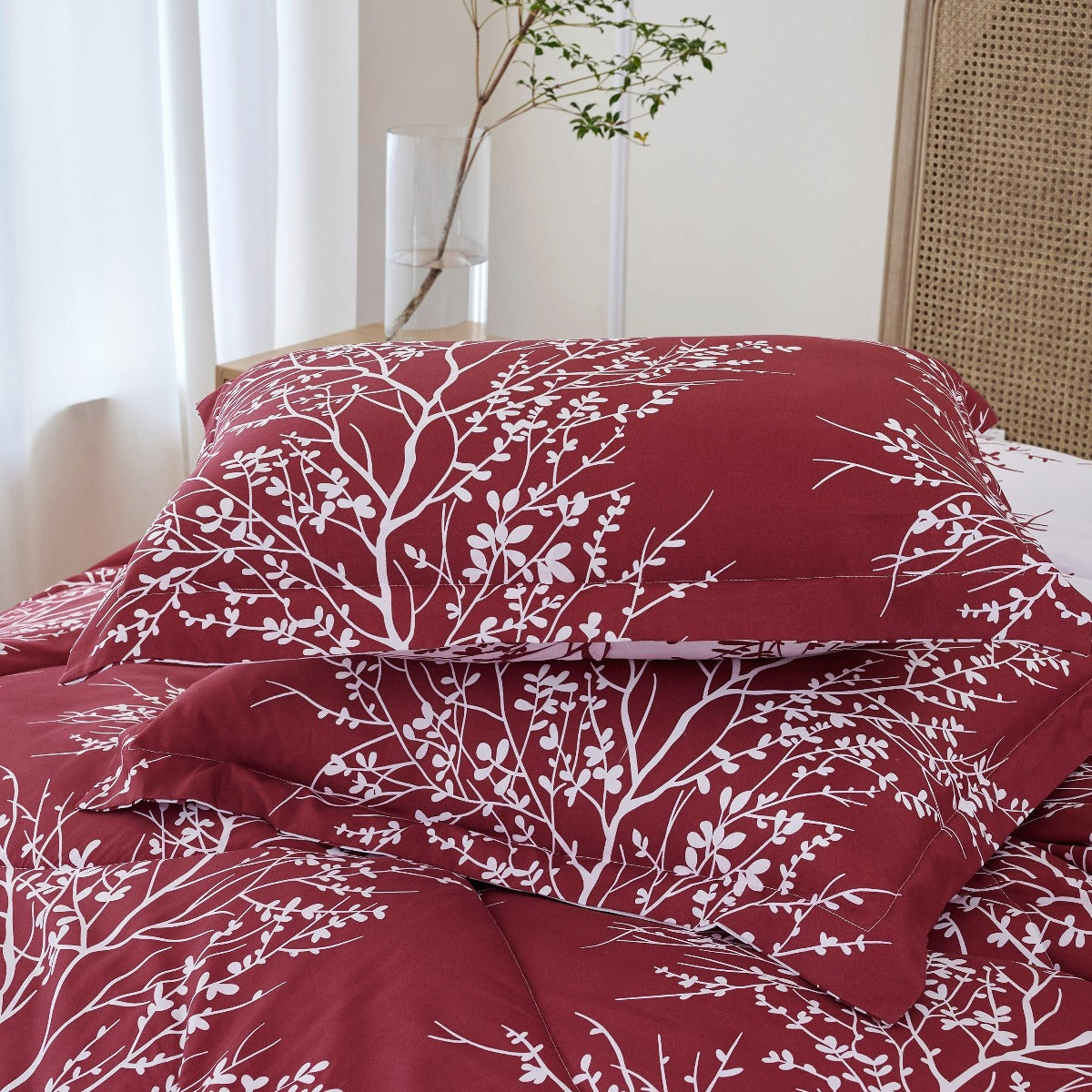 Foliage Reversible Comforter Set + Two Free Sham Pillows - Spirit Linen - Burgundy