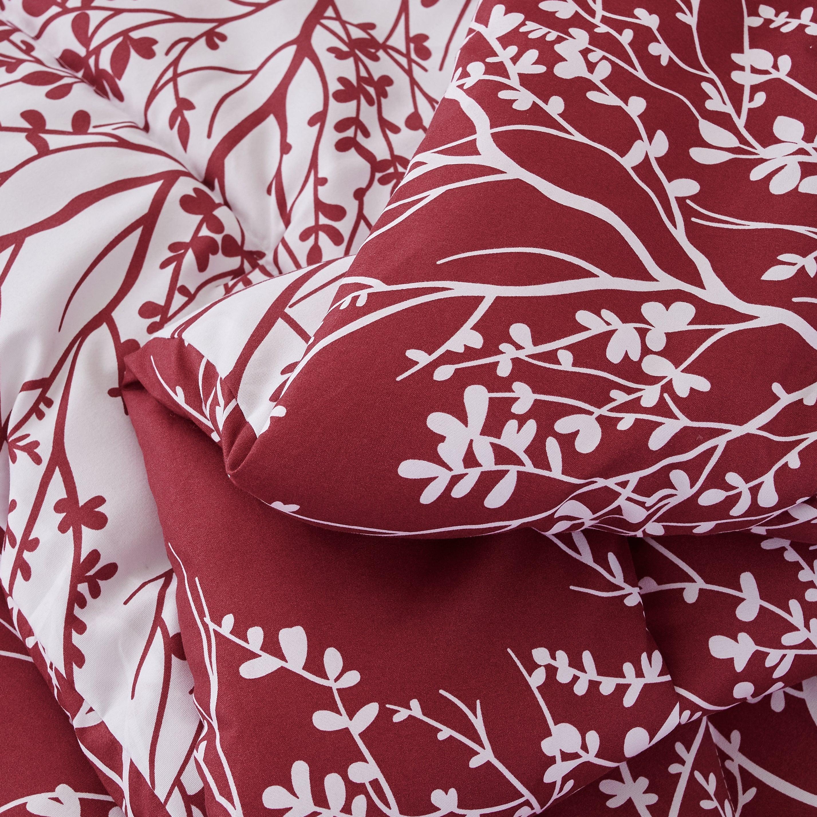 Foliage Reversible Comforter Set + Two Free Sham Pillows - Spirit Linen - Burgundy