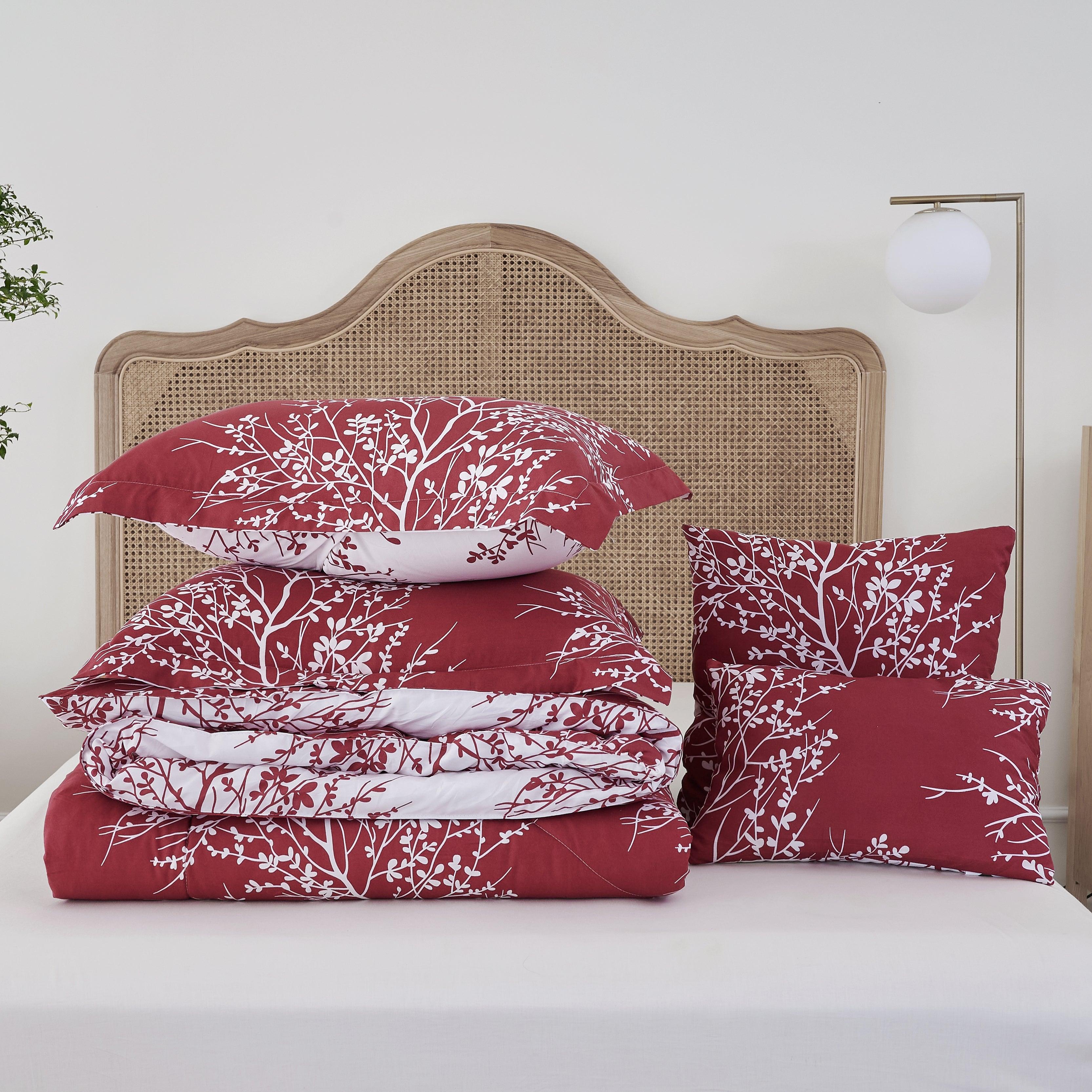 Foliage Reversible Comforter Set + Two Free Sham Pillows - Spirit Linen - Burgundy
