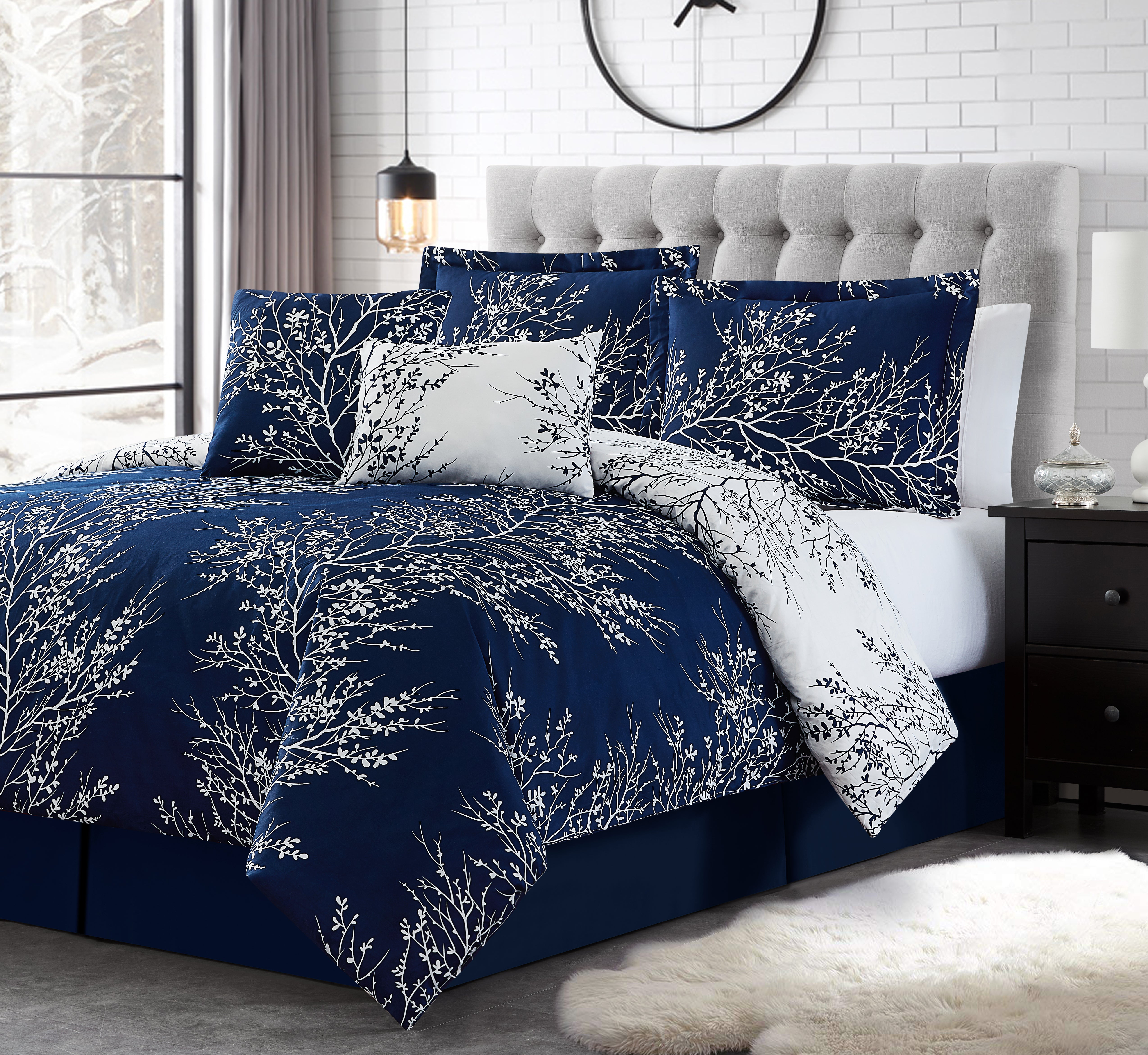 Foliage Reversible Comforter Set + Two Free Sham Pillows - Spirit Linen - Navy