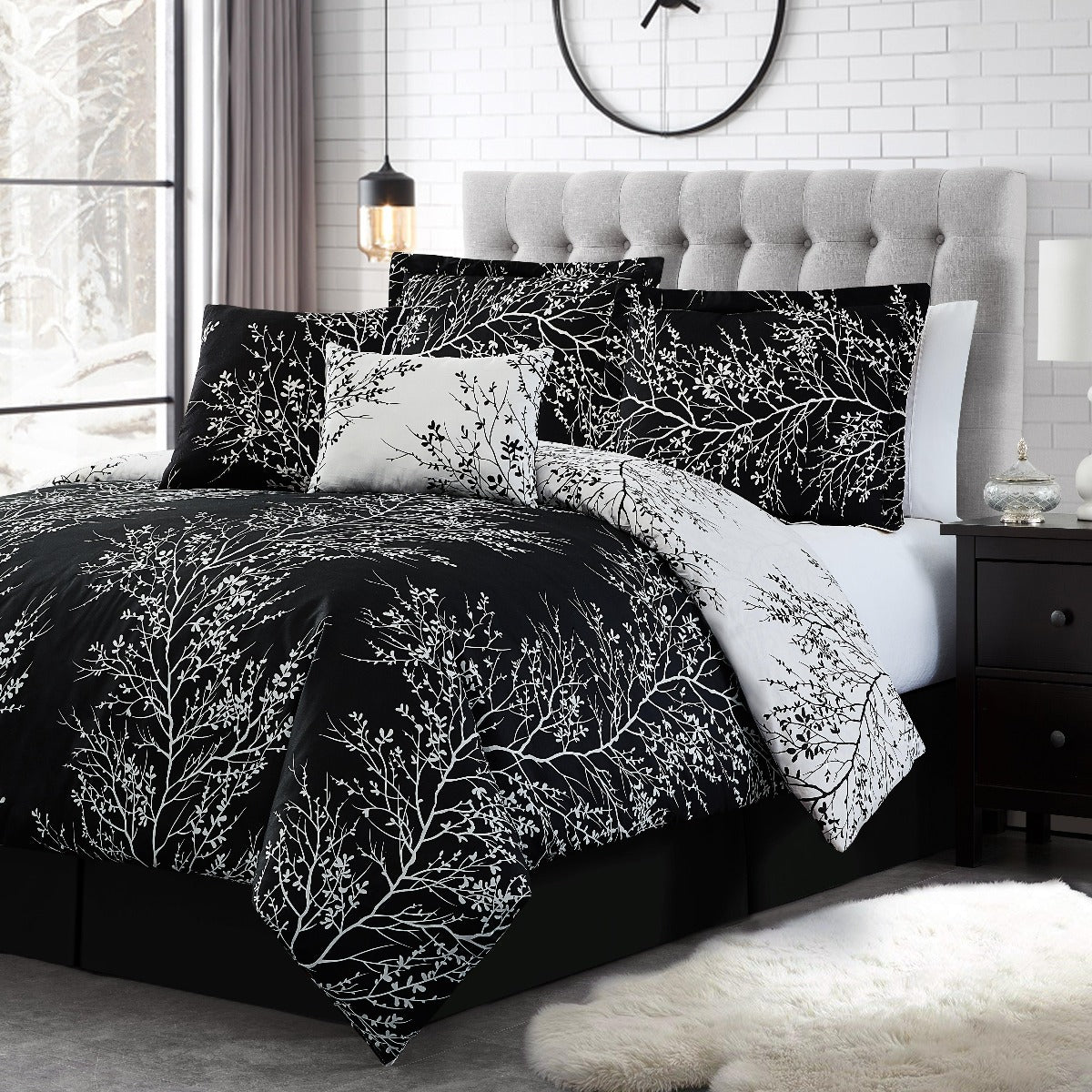 Foliage Reversible Comforter Set + Two Free Sham Pillows - Spirit Linen - Black