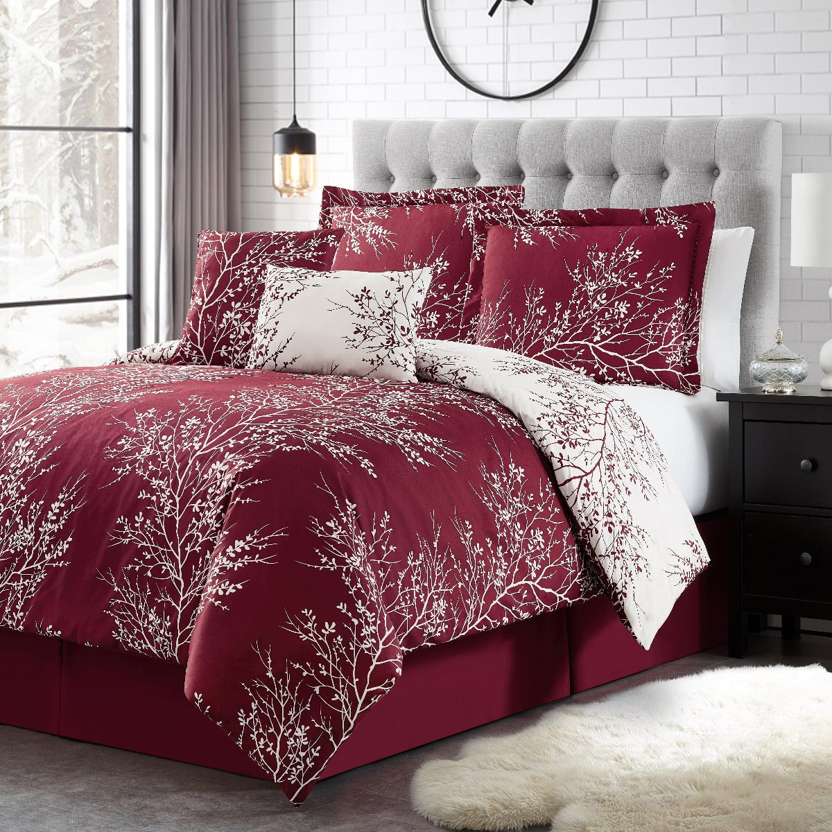 Foliage Reversible Comforter Set + Two Free Sham Pillows - Spirit Linen - Burgundy