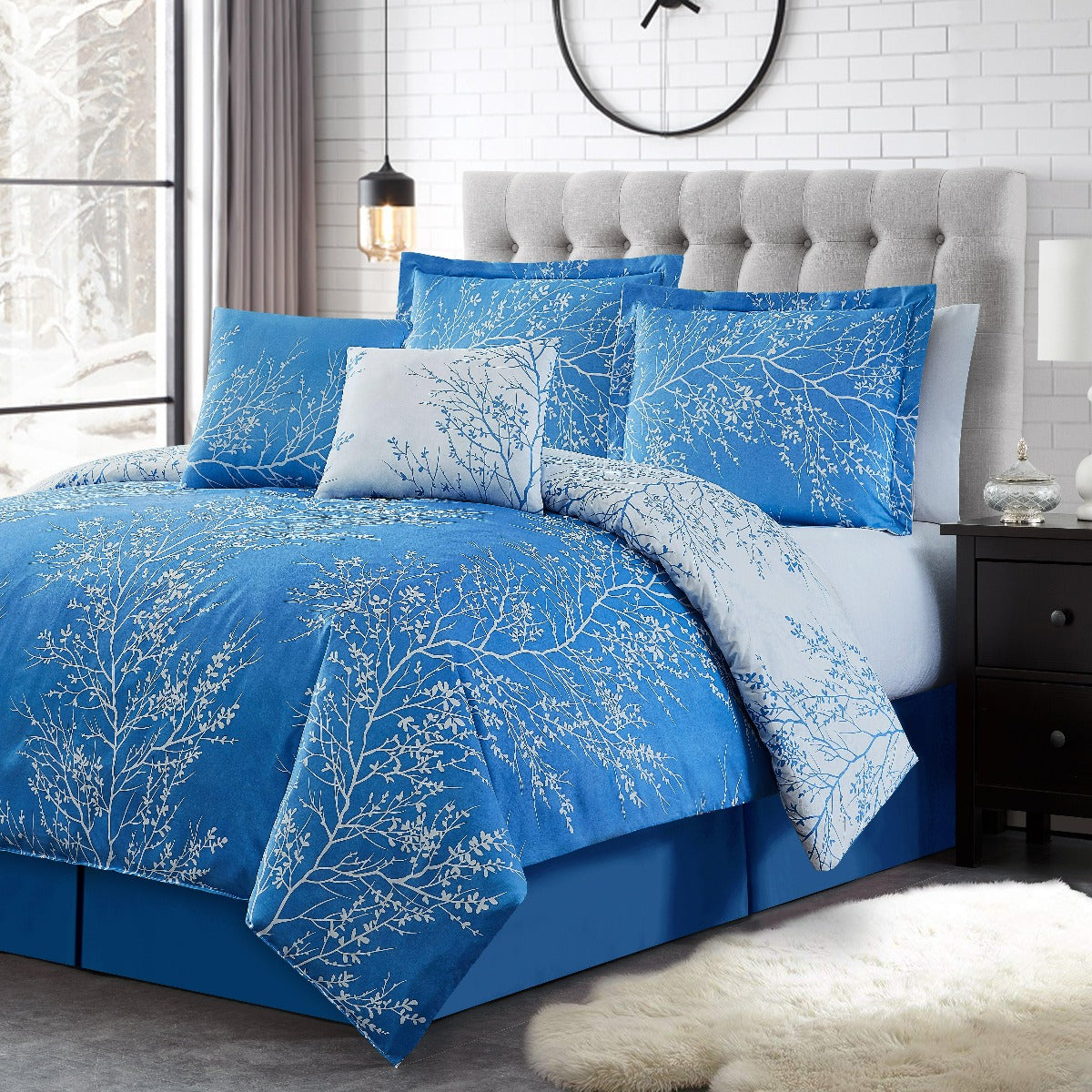 Foliage Reversible Comforter Set + Two Free Sham Pillows - Spirit Linen - Light Blue