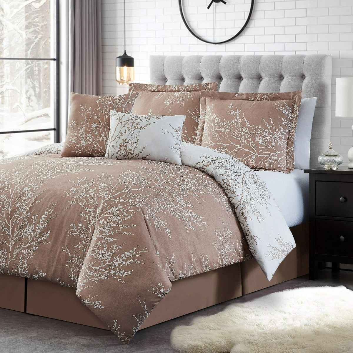 Foliage Reversible Comforter Set + Two Free Sham Pillows - Spirit Linen - Taupe