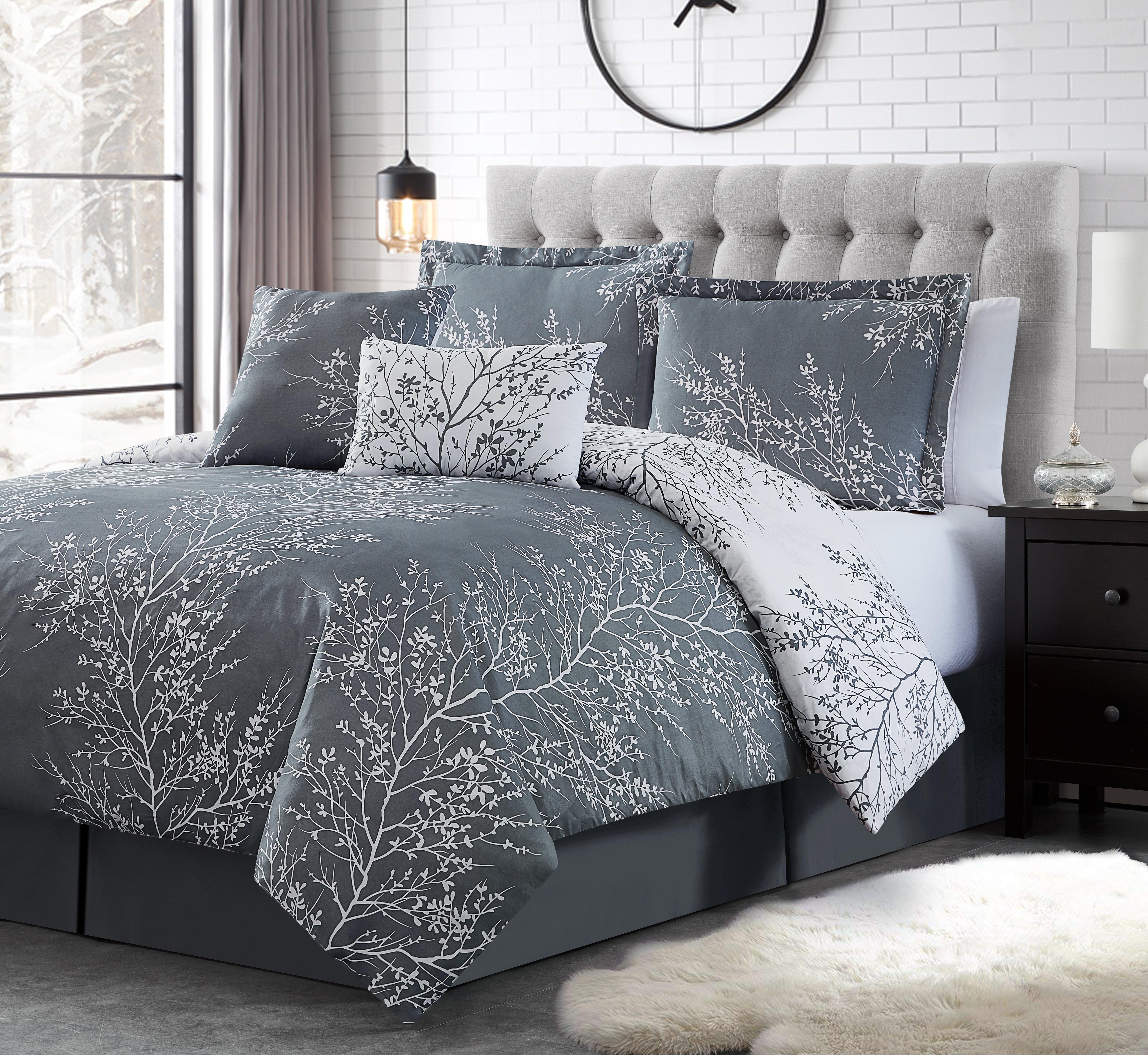 Foliage Reversible Comforter Set + Two Free Sham Pillows - Spirit Linen - Grey