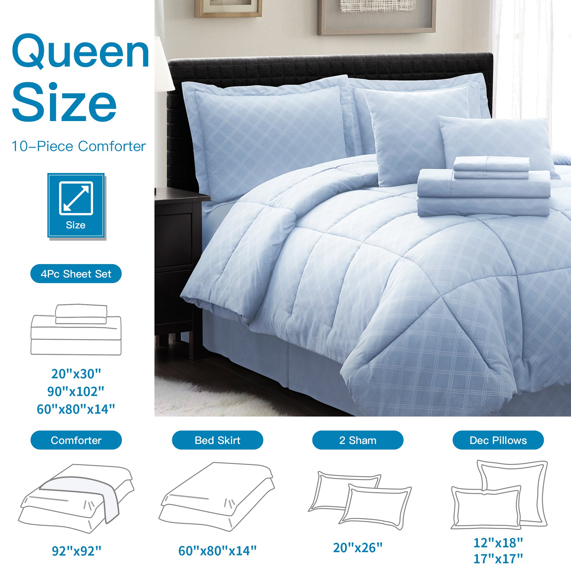 10PC Collection Bed In A Bag Comforter Set Piece HotelC | Spirit Linen - Light Blue
