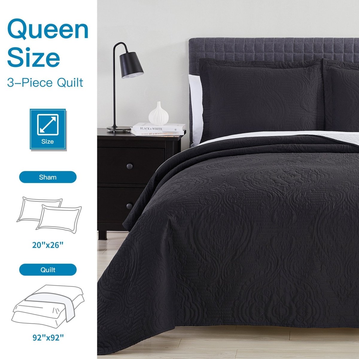 Madison Quilt Reversible Collection + Two Free Sham Pillows | Spirit Linen - Black