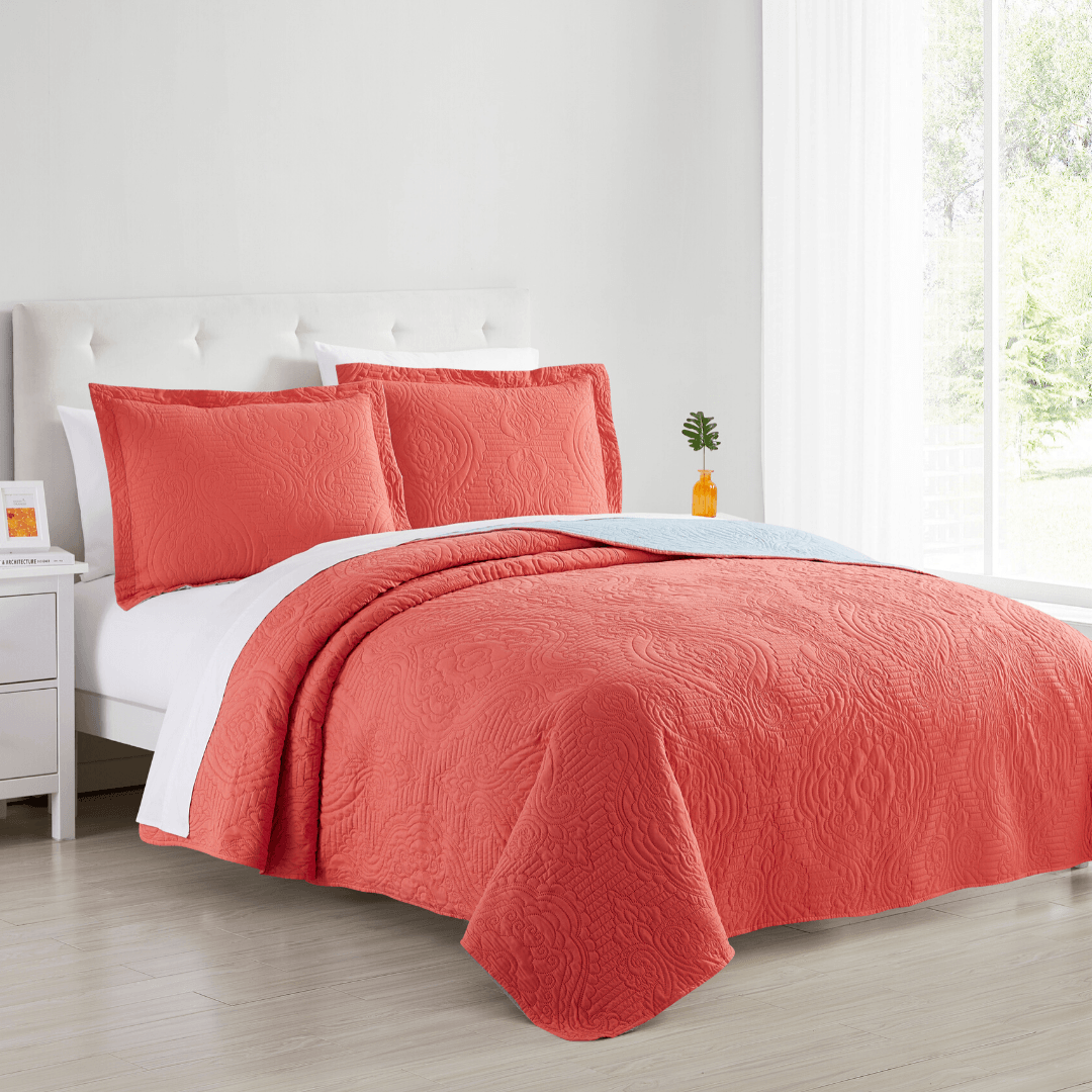 Madison Quilt Reversible Collection + Two Free Sham Pillows | Spirit Linen - Coral