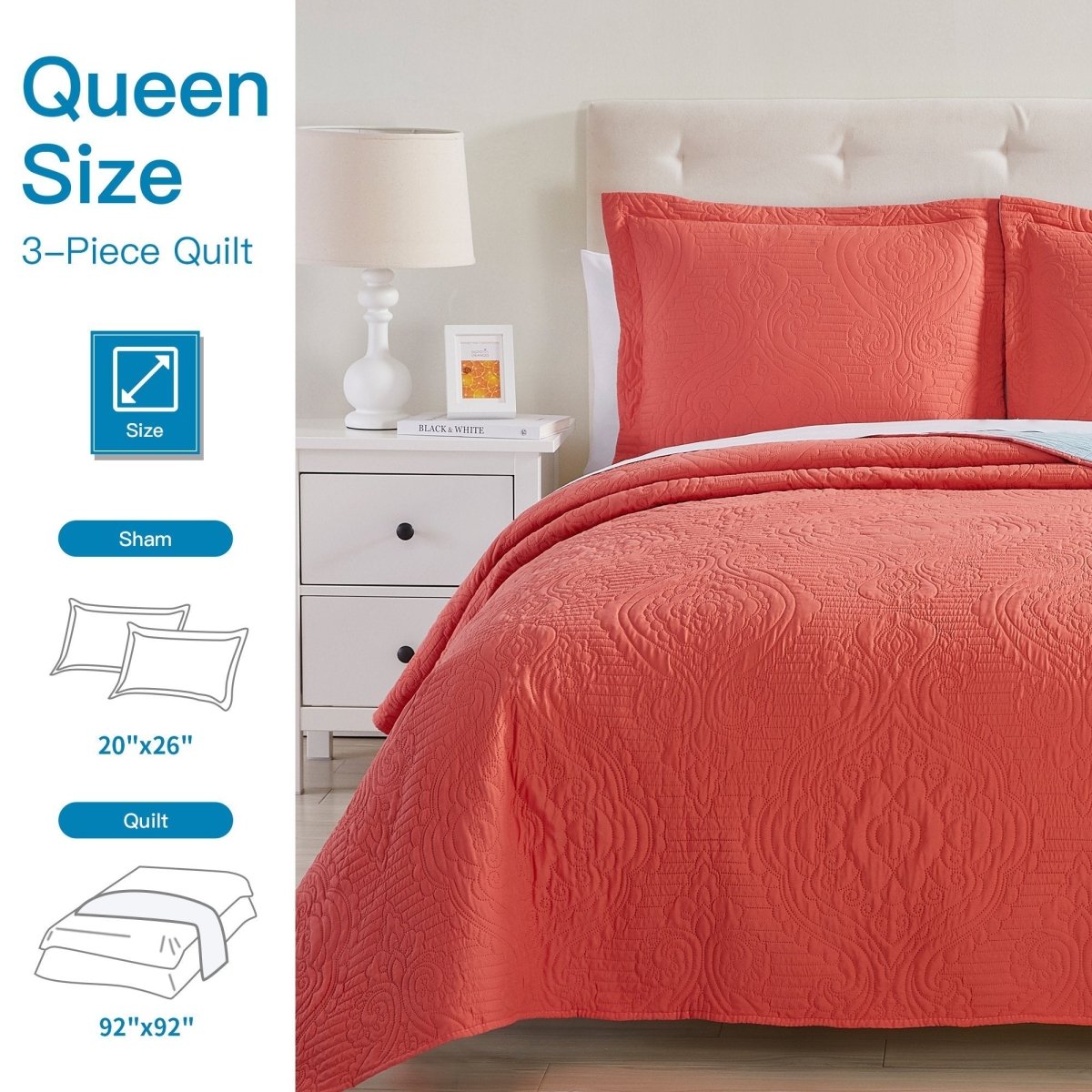Madison Quilt Reversible Collection + Two Free Sham Pillows | Spirit Linen - Coral